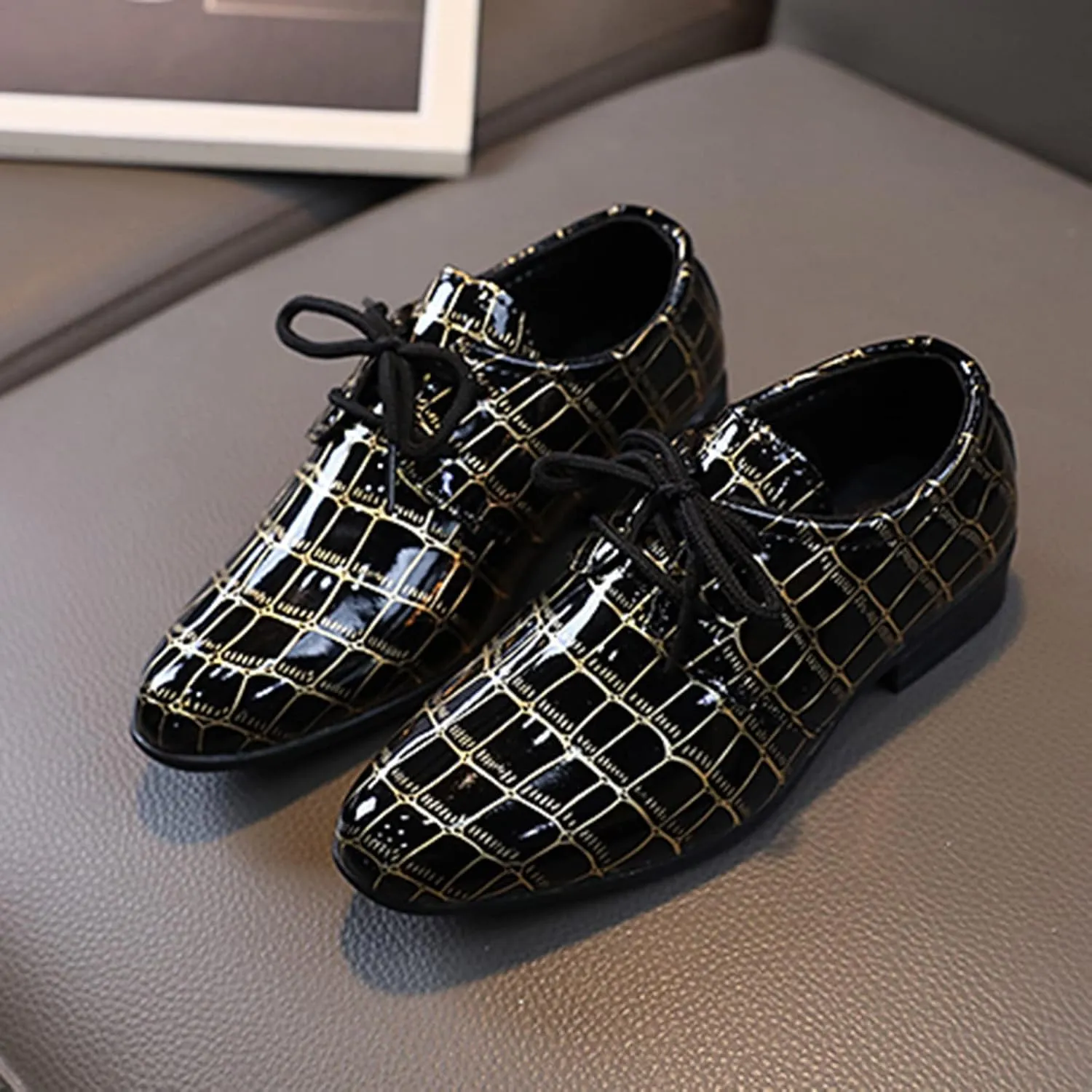 Boys Printed ??xford Dress Shoes, Fashion Leather Lace-up Comfortable Slip-on Pointed-Toe Business Formal Shoes
