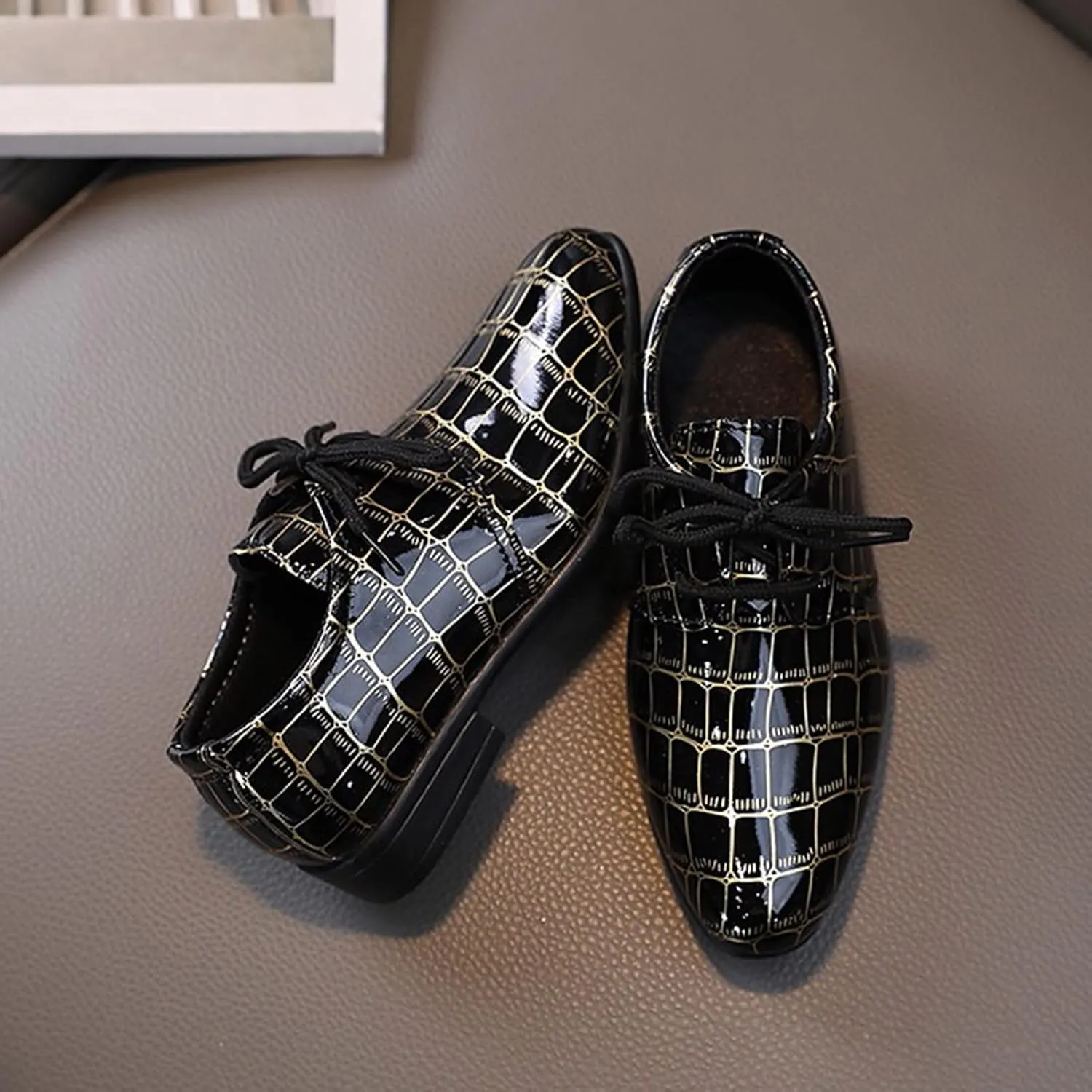 Boys Printed ??xford Dress Shoes, Fashion Leather Lace-up Comfortable Slip-on Pointed-Toe Business Formal Shoes