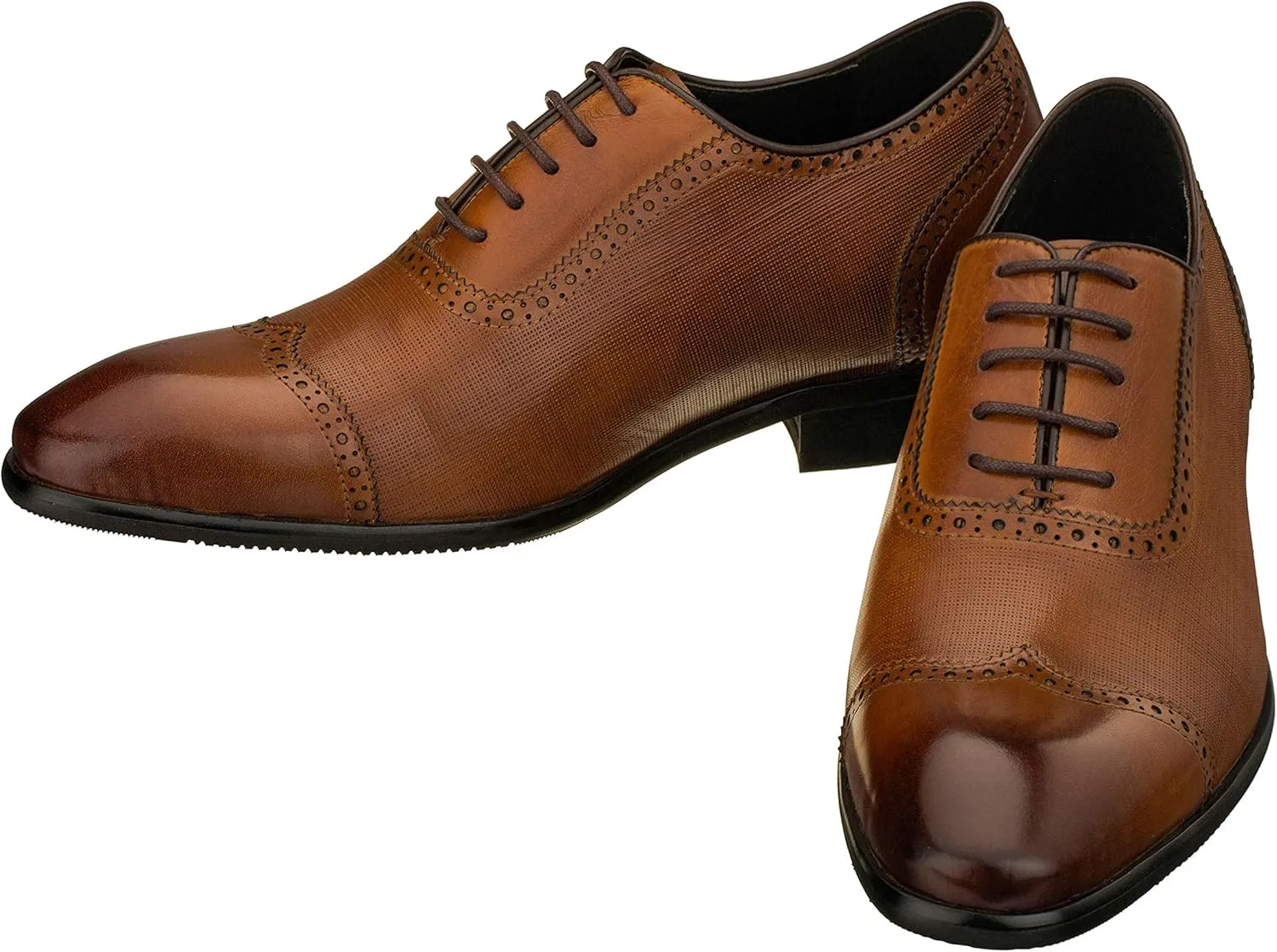CALTO Men's Invisible Height Increasing Elevator Shoes - Brown Premium Leather Lace-up Wing-tip Formal Oxfords - 2.4 Inches Taller - Y1066 - Size 9 D(M) US