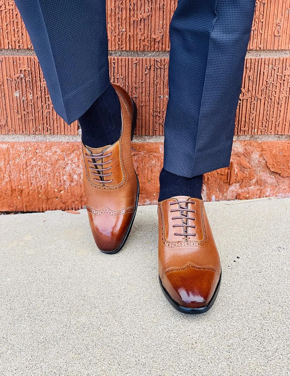CALTO Men's Invisible Height Increasing Elevator Shoes - Brown Premium Leather Lace-up Wing-tip Formal Oxfords - 2.4 Inches Taller - Y1066 - Size 9 D(M) US