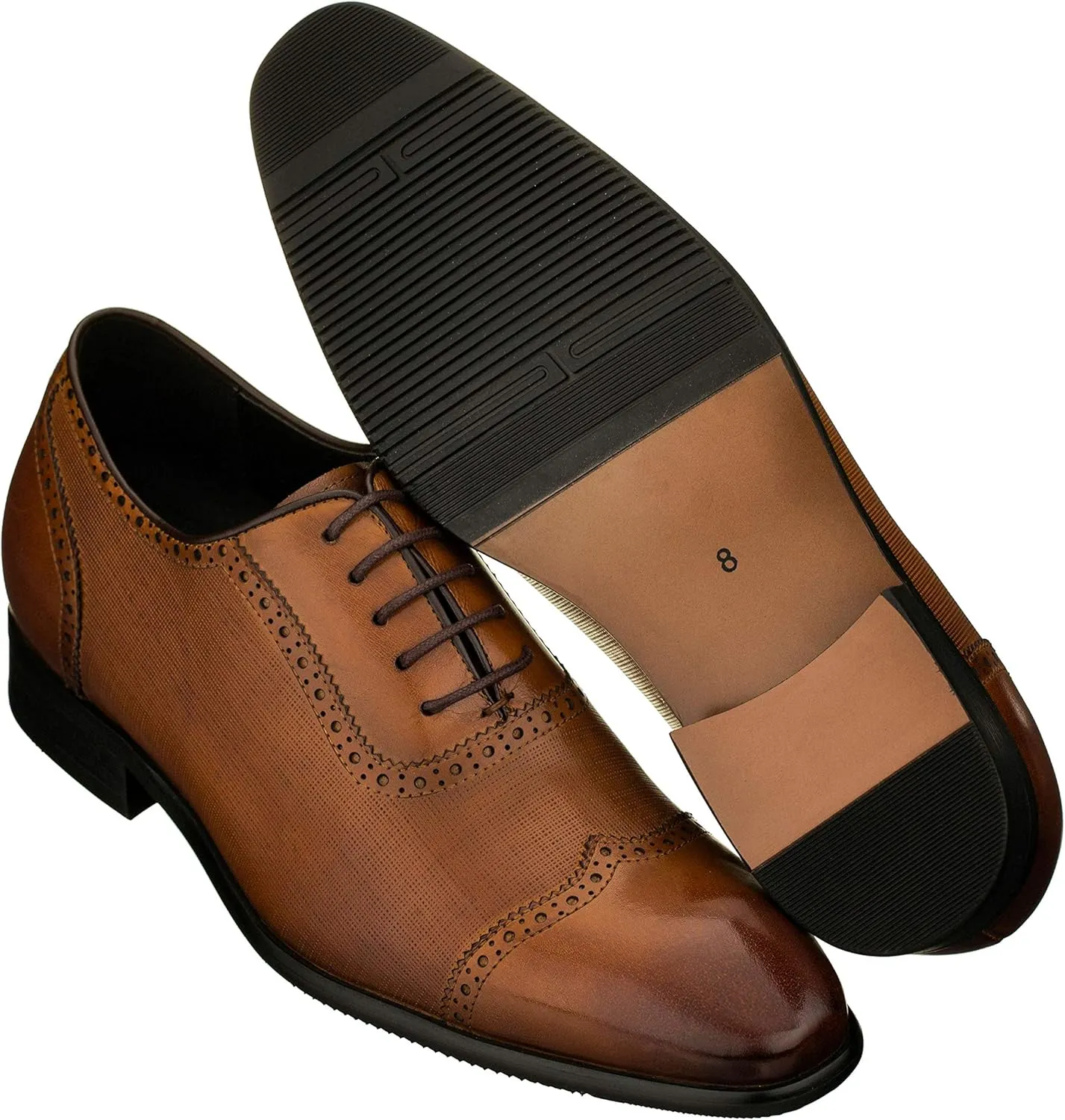 CALTO Men's Invisible Height Increasing Elevator Shoes - Brown Premium Leather Lace-up Wing-tip Formal Oxfords - 2.4 Inches Taller - Y1066 - Size 9 D(M) US