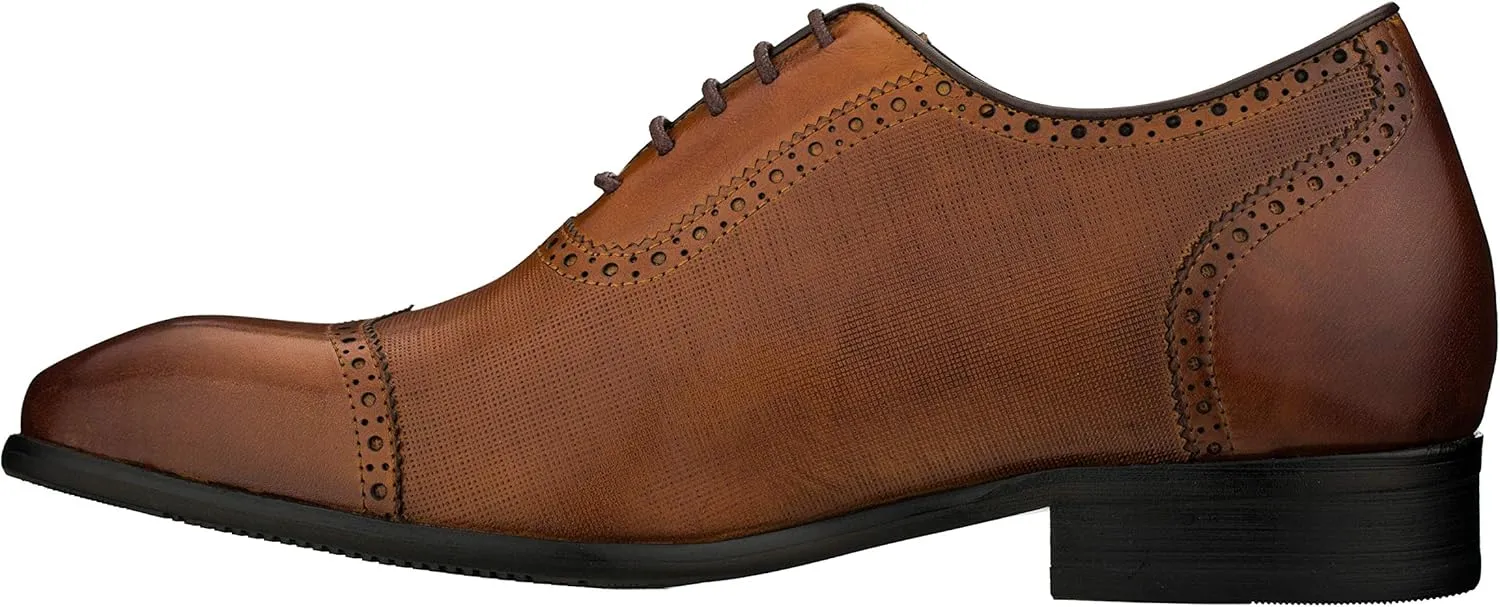 CALTO Men's Invisible Height Increasing Elevator Shoes - Brown Premium Leather Lace-up Wing-tip Formal Oxfords - 2.4 Inches Taller - Y1066 - Size 9 D(M) US