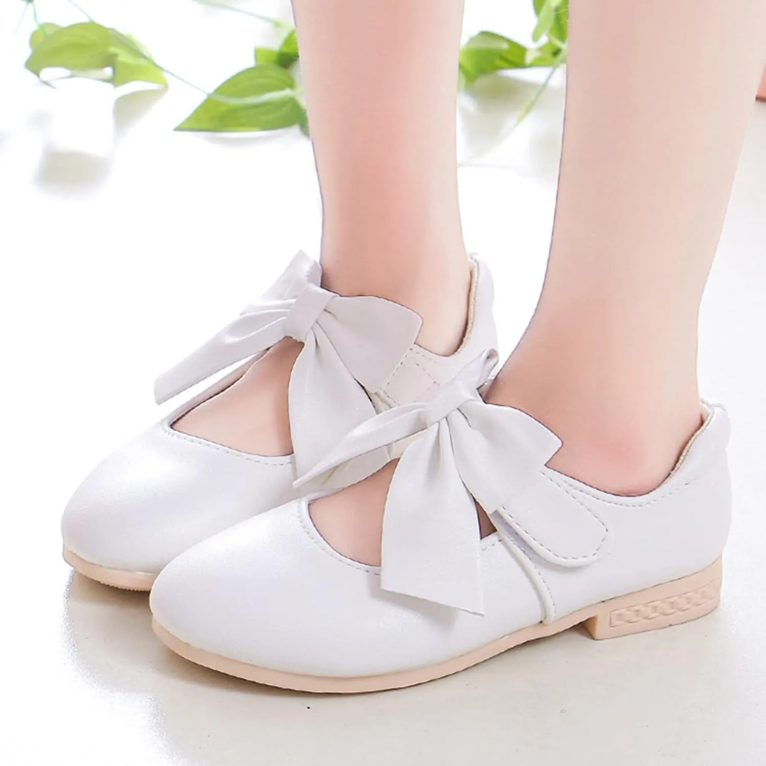 Cute Bowknot Girls Mary Jane Low Heel Dress Shoes Princess Elegant Flower Wedding Pary Ballet Pump Baptism Shoes