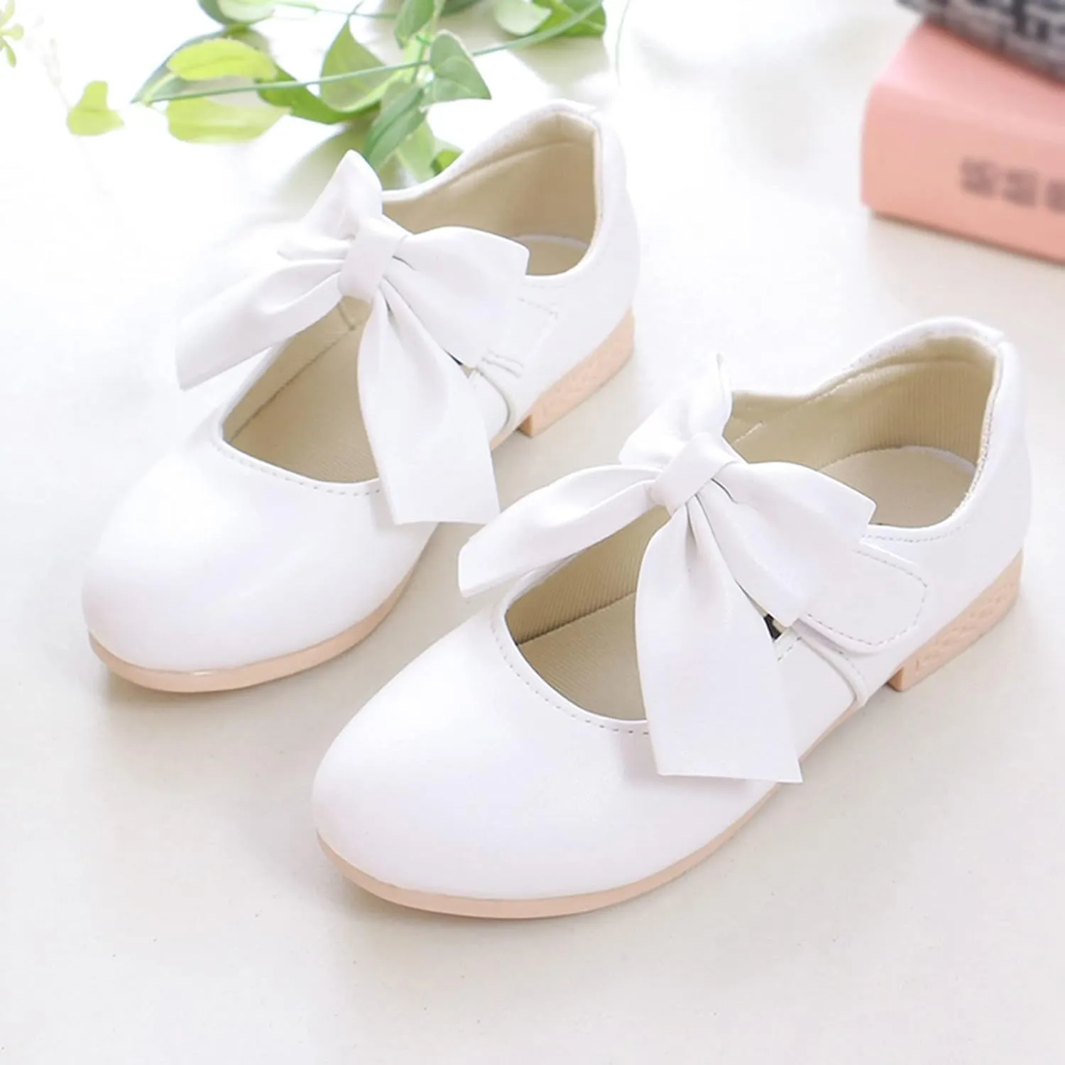 Cute Bowknot Girls Mary Jane Low Heel Dress Shoes Princess Elegant Flower Wedding Pary Ballet Pump Baptism Shoes