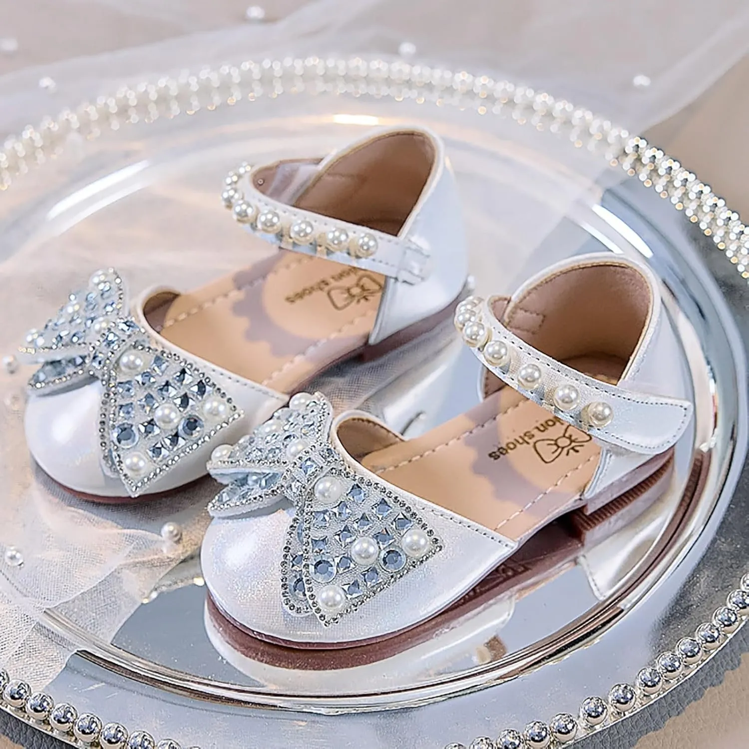 Dress Cosplay Shoes Bling Bowknot Kids Baby Sandals Single Shoes Pearl Girls Crystal Infant Baby