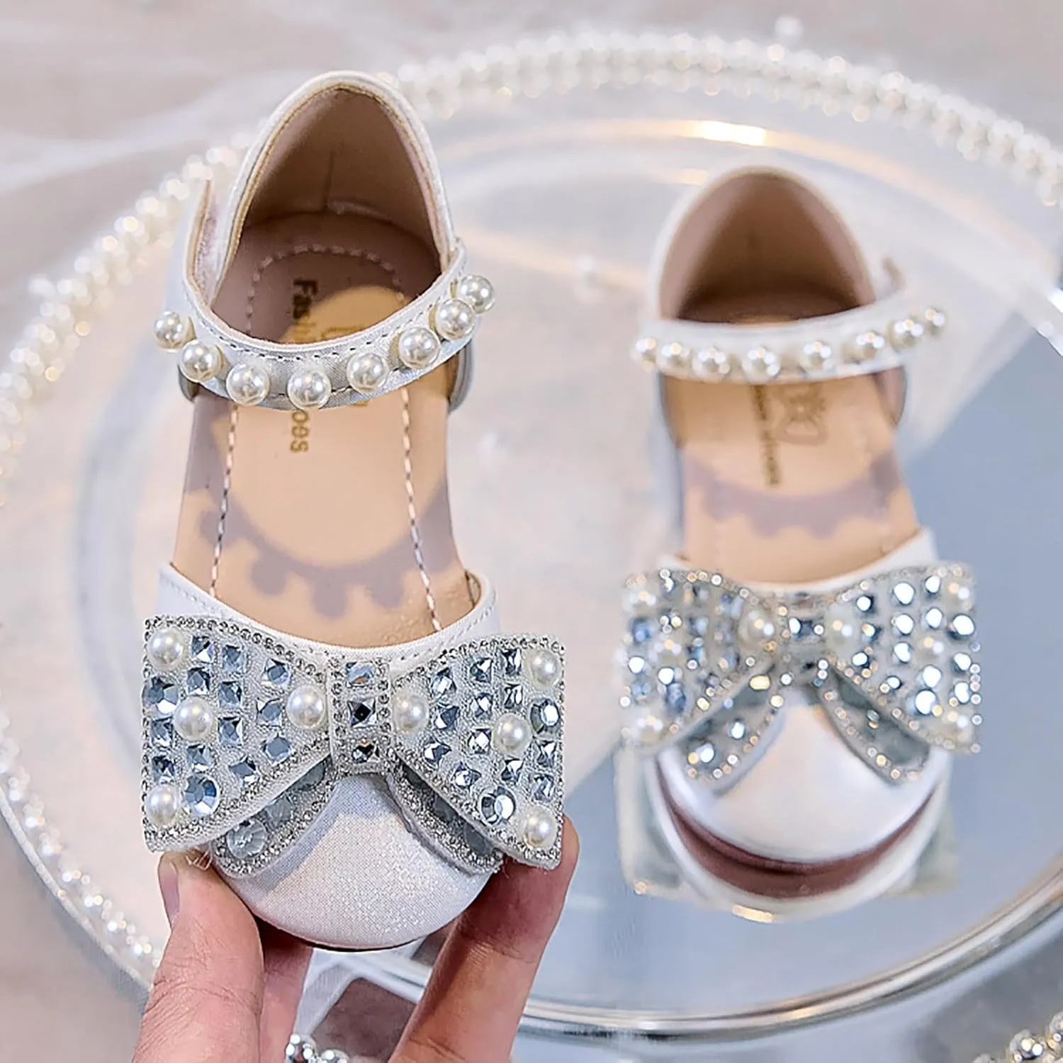 Dress Cosplay Shoes Bling Bowknot Kids Baby Sandals Single Shoes Pearl Girls Crystal Infant Baby