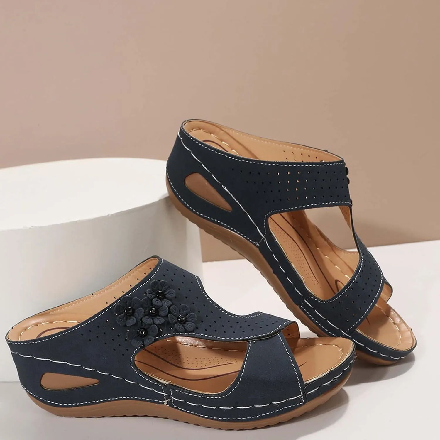 Eduavar Orthopedic Sandals for Women, Womens Sandals Casual Summer Low Wedge Sandals Breathable Open Toe Walking Sandals