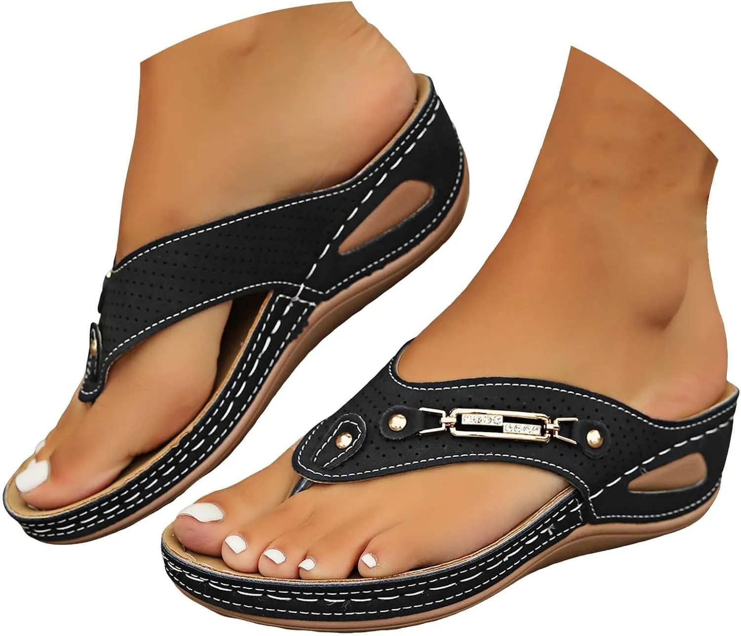 Eduavar Platform Sandals Women Casual Orthopedic Summer Beach Shoes Arch Support Walking Thong Sandals Comfortable Flip Flop