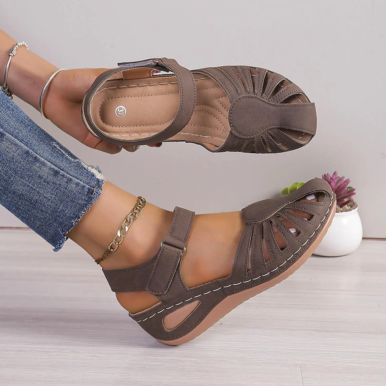 Eduavar Sandals for Women 2025 Dressy Wedge Sandals Closed Toe Platform Outdoor Ankle Strap Beach Walking Lightweight Shoes