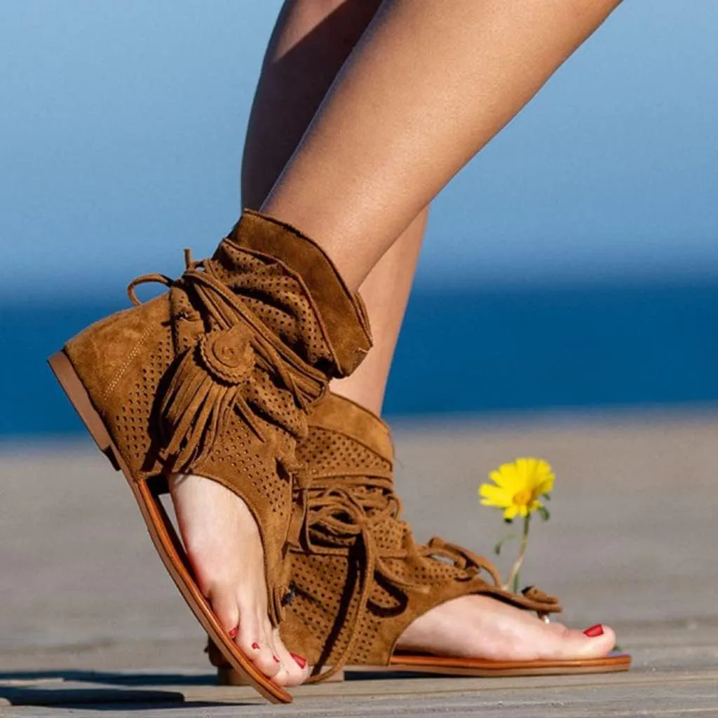 Eduavar Summer Sandals for Women, Sandals for Women Dressy Bohemian Gladiator Fringe Flat Clip Toe Ankle Boots