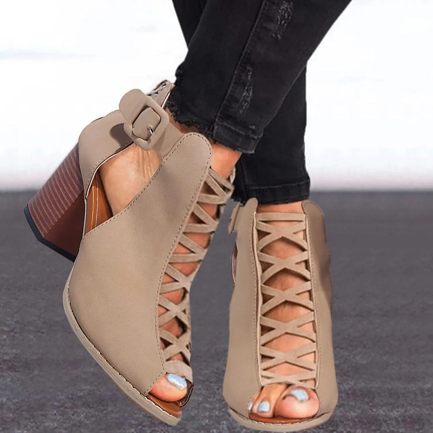 Eduavar Summer Sandals for Women, Sandals Women Fahsoin Aran Open Toe Heel Sandal Cut Out Boots Sandals with Ankle Strap