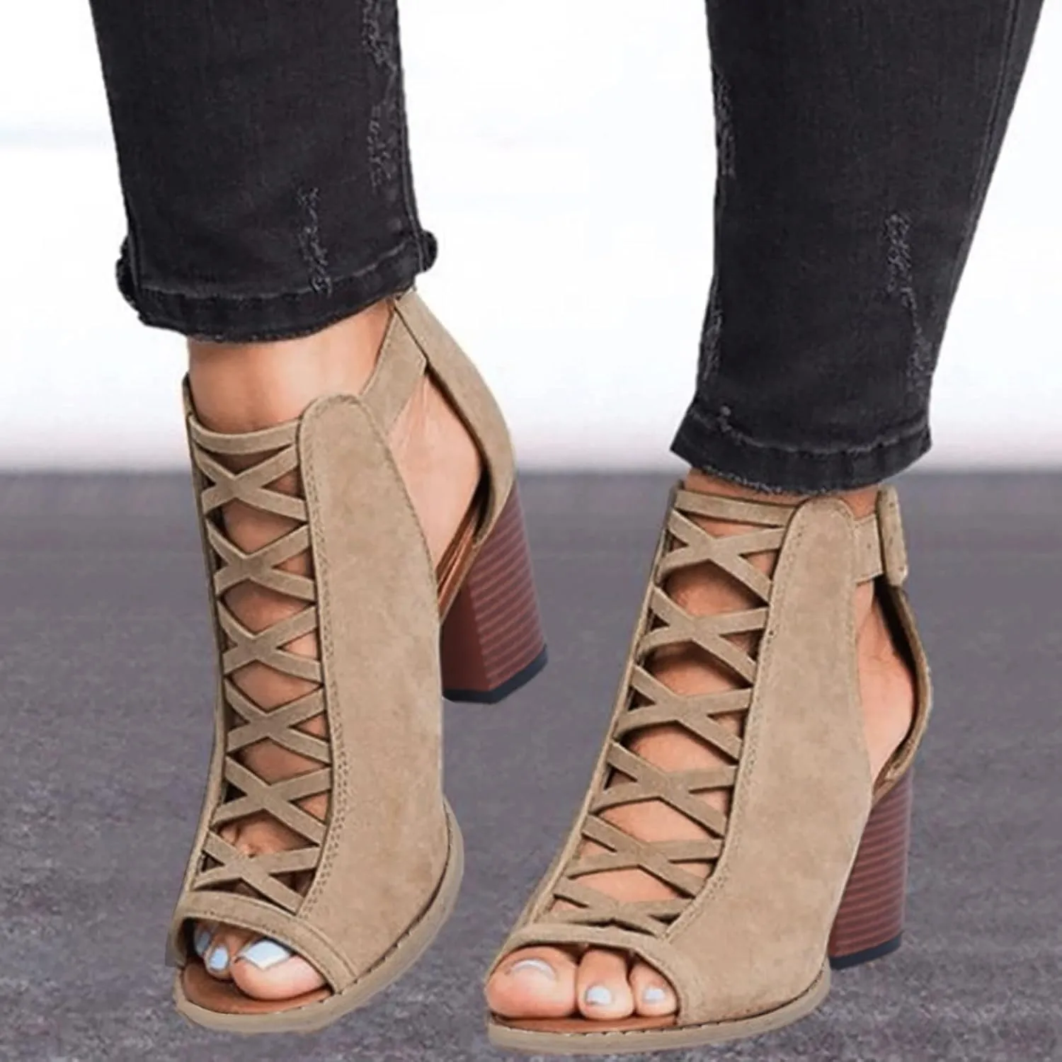 Eduavar Summer Sandals for Women, Sandals Women Fahsoin Aran Open Toe Heel Sandal Cut Out Boots Sandals with Ankle Strap