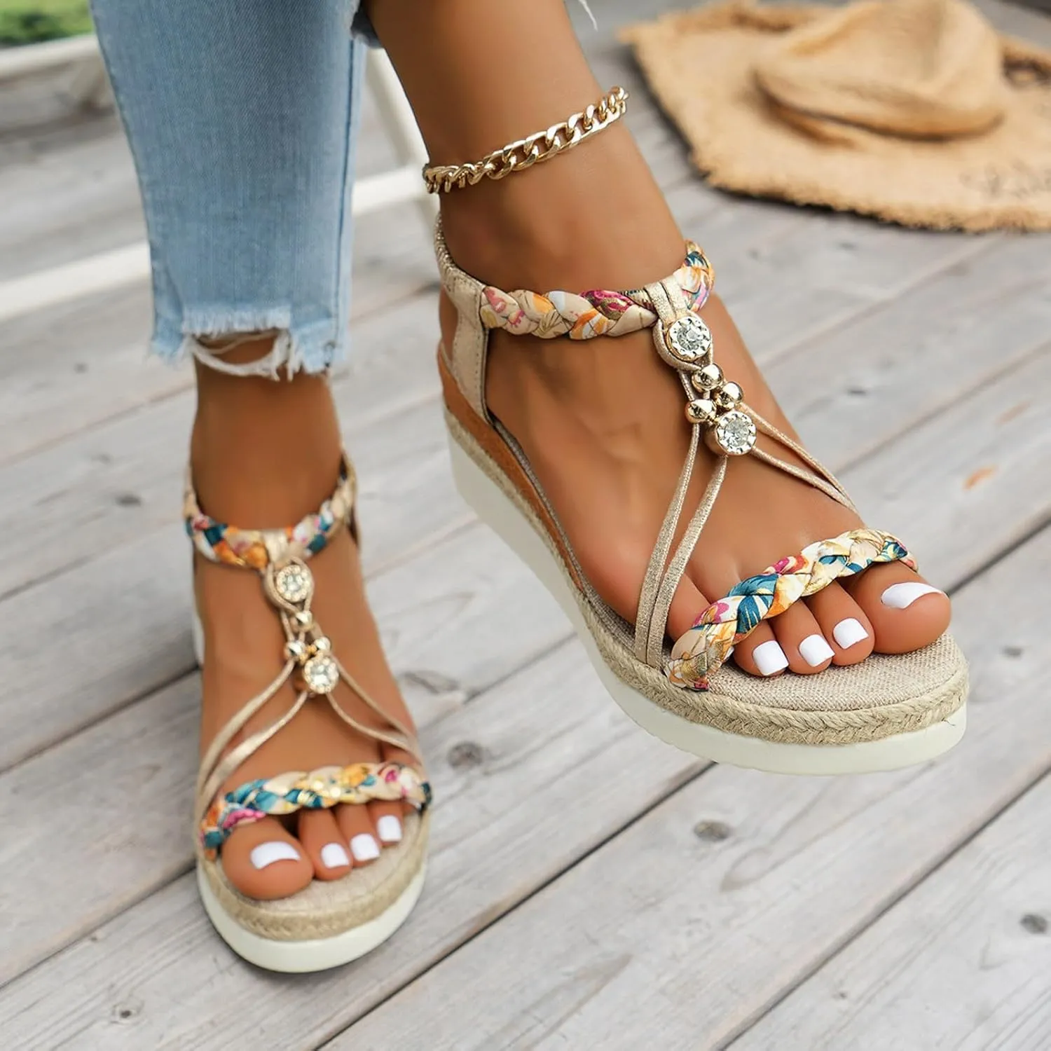 Eduavar Womens Sandals Arch Support Bohemian Comfort Dressy Rhinestone Summer Beach Wedge Shoes Slip-on Walking Sandals