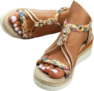 Eduavar Womens Sandals Arch Support Bohemian Comfort Dressy Rhinestone Summer Beach Wedge Shoes Slip-on Walking Sandals