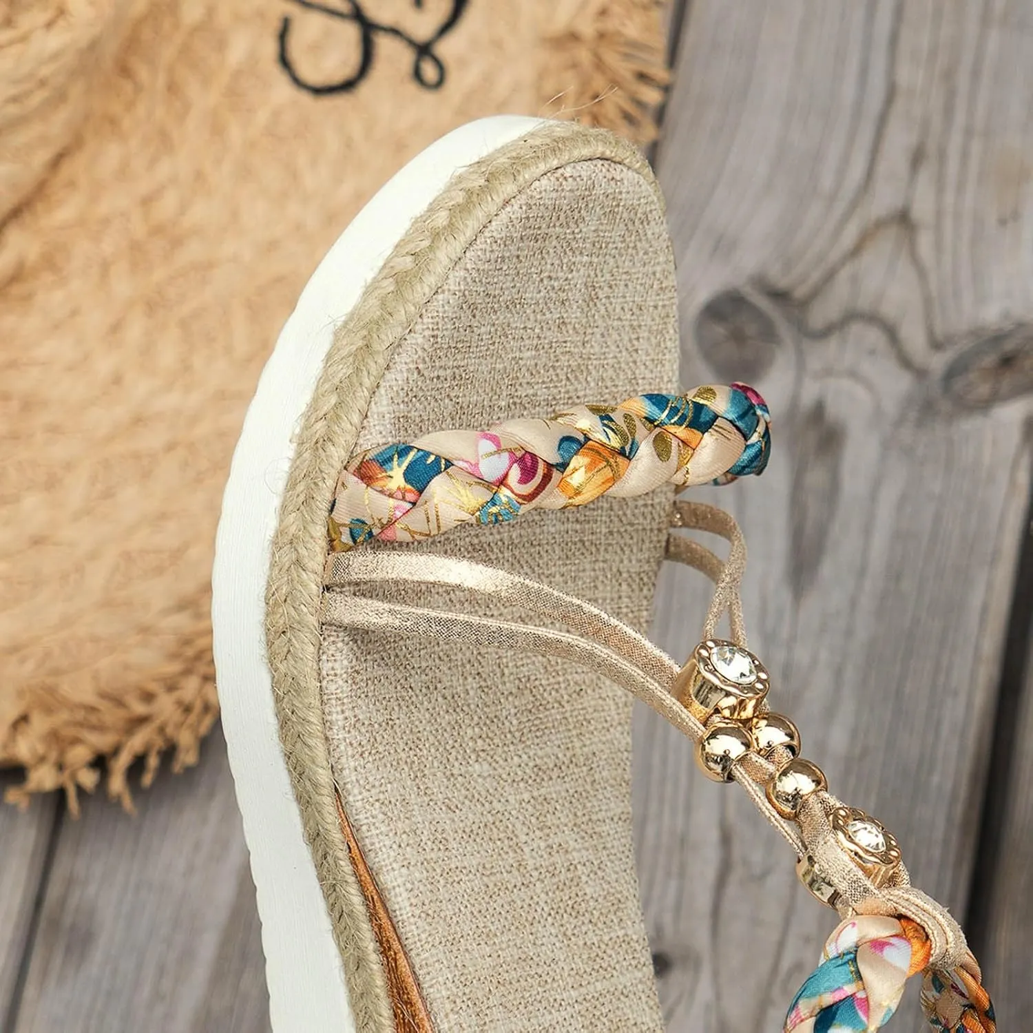 Eduavar Womens Sandals Arch Support Bohemian Comfort Dressy Rhinestone Summer Beach Wedge Shoes Slip-on Walking Sandals