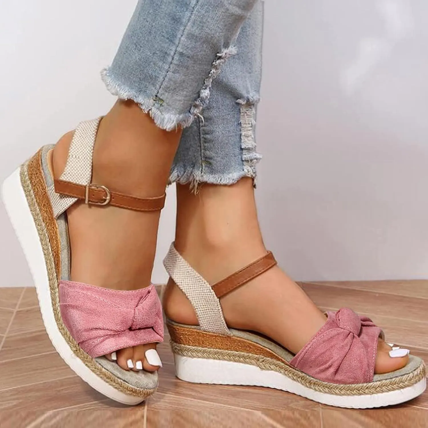 Eduavar Womens Sandals Espadrilles Dressy Platform Sandals Open Toe Elastic Ankle Strap Comfortable Arch Support Wedges Shoes