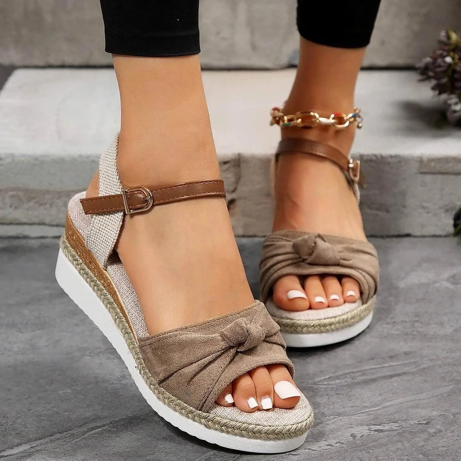 Eduavar Womens Sandals Espadrilles Dressy Platform Sandals Open Toe Elastic Ankle Strap Comfortable Arch Support Wedges Shoes