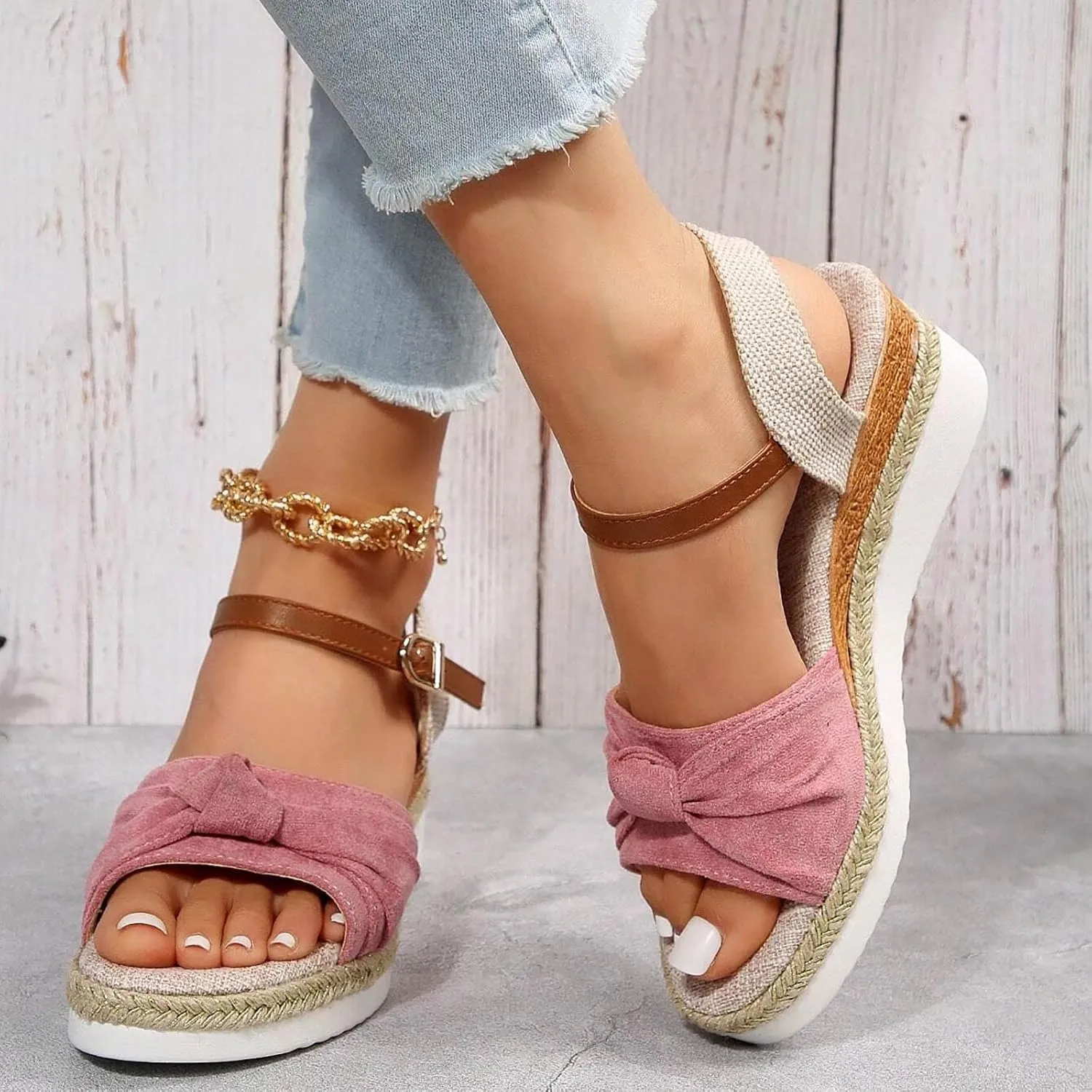 Eduavar Womens Sandals Espadrilles Dressy Platform Sandals Open Toe Elastic Ankle Strap Comfortable Arch Support Wedges Shoes