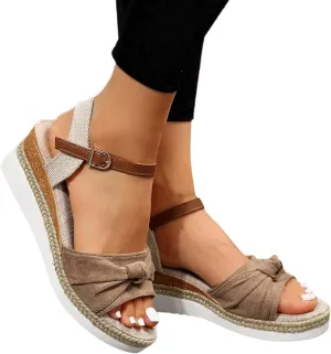 Eduavar Womens Sandals Espadrilles Dressy Platform Sandals Open Toe Elastic Ankle Strap Comfortable Arch Support Wedges Shoes