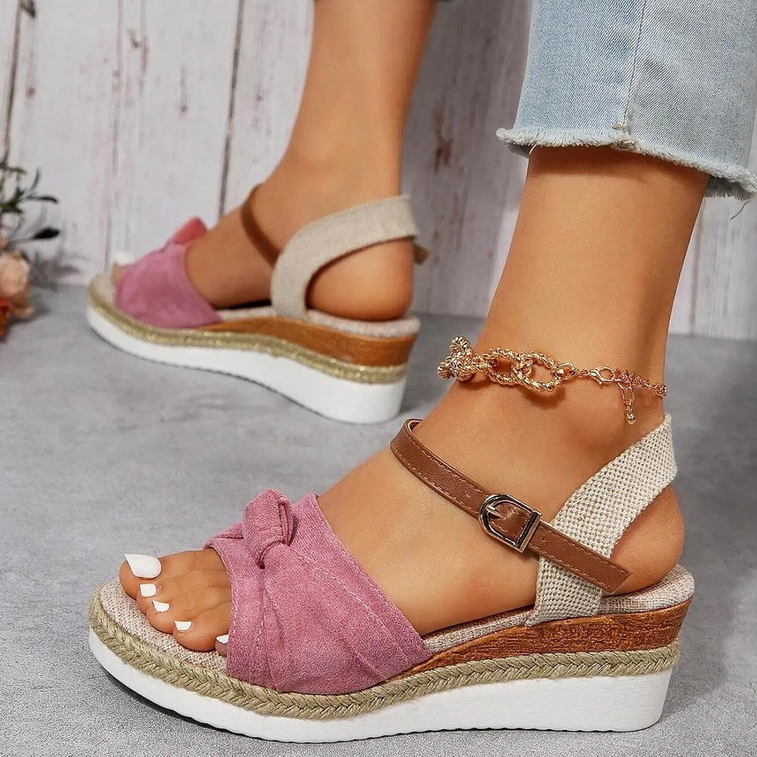 Eduavar Womens Sandals Espadrilles Dressy Platform Sandals Open Toe Elastic Ankle Strap Comfortable Arch Support Wedges Shoes