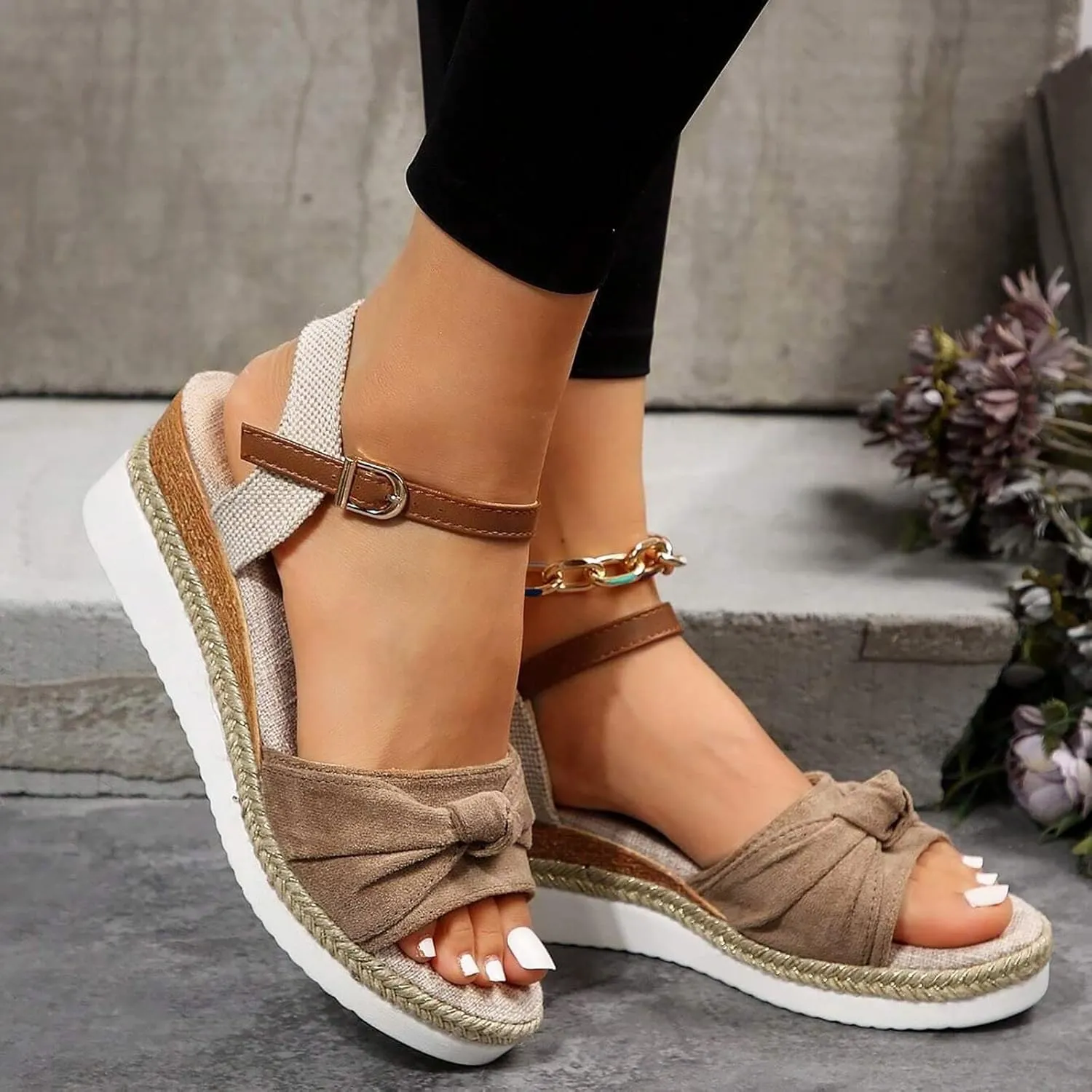 Eduavar Womens Sandals Espadrilles Dressy Platform Sandals Open Toe Elastic Ankle Strap Comfortable Arch Support Wedges Shoes