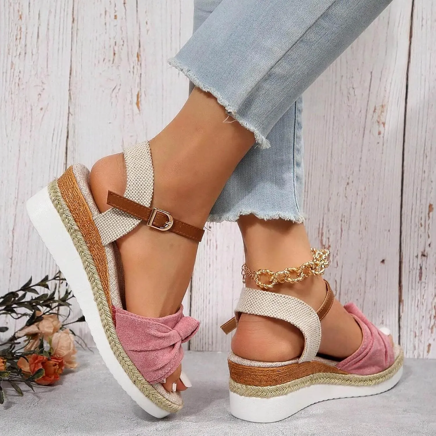 Eduavar Womens Sandals Espadrilles Dressy Platform Sandals Open Toe Elastic Ankle Strap Comfortable Arch Support Wedges Shoes