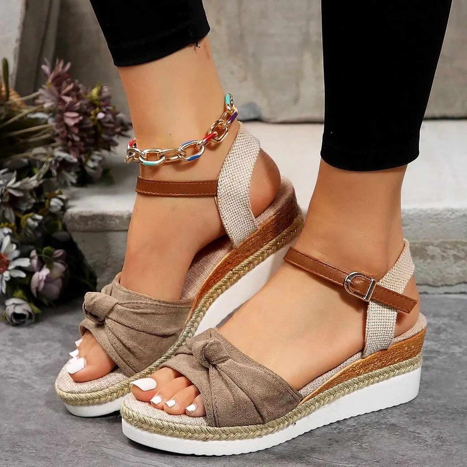 Eduavar Womens Sandals Espadrilles Dressy Platform Sandals Open Toe Elastic Ankle Strap Comfortable Arch Support Wedges Shoes