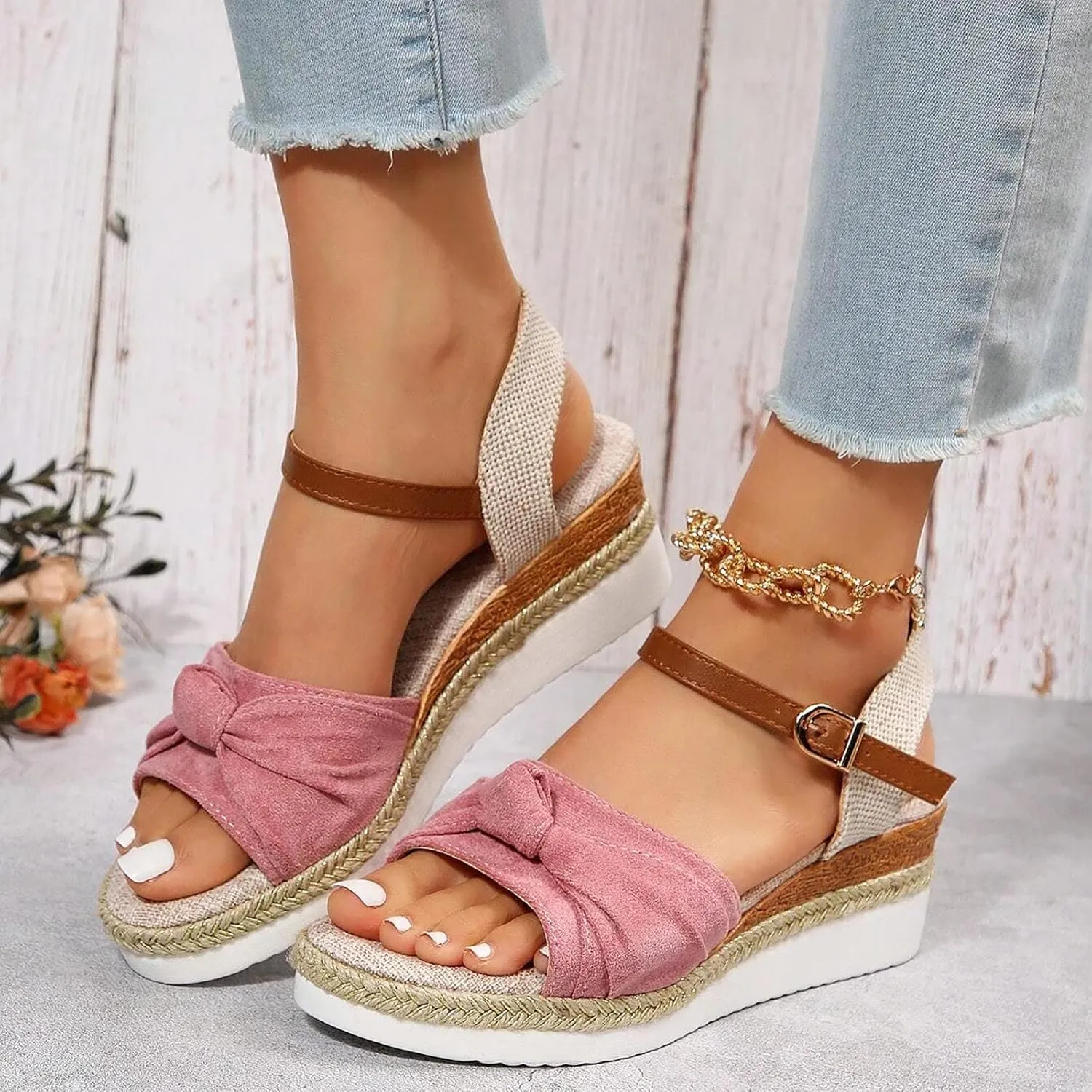 Eduavar Womens Sandals Espadrilles Dressy Platform Sandals Open Toe Elastic Ankle Strap Comfortable Arch Support Wedges Shoes