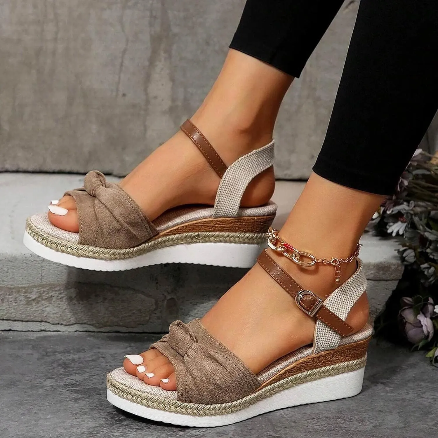 Eduavar Womens Sandals Espadrilles Dressy Platform Sandals Open Toe Elastic Ankle Strap Comfortable Arch Support Wedges Shoes