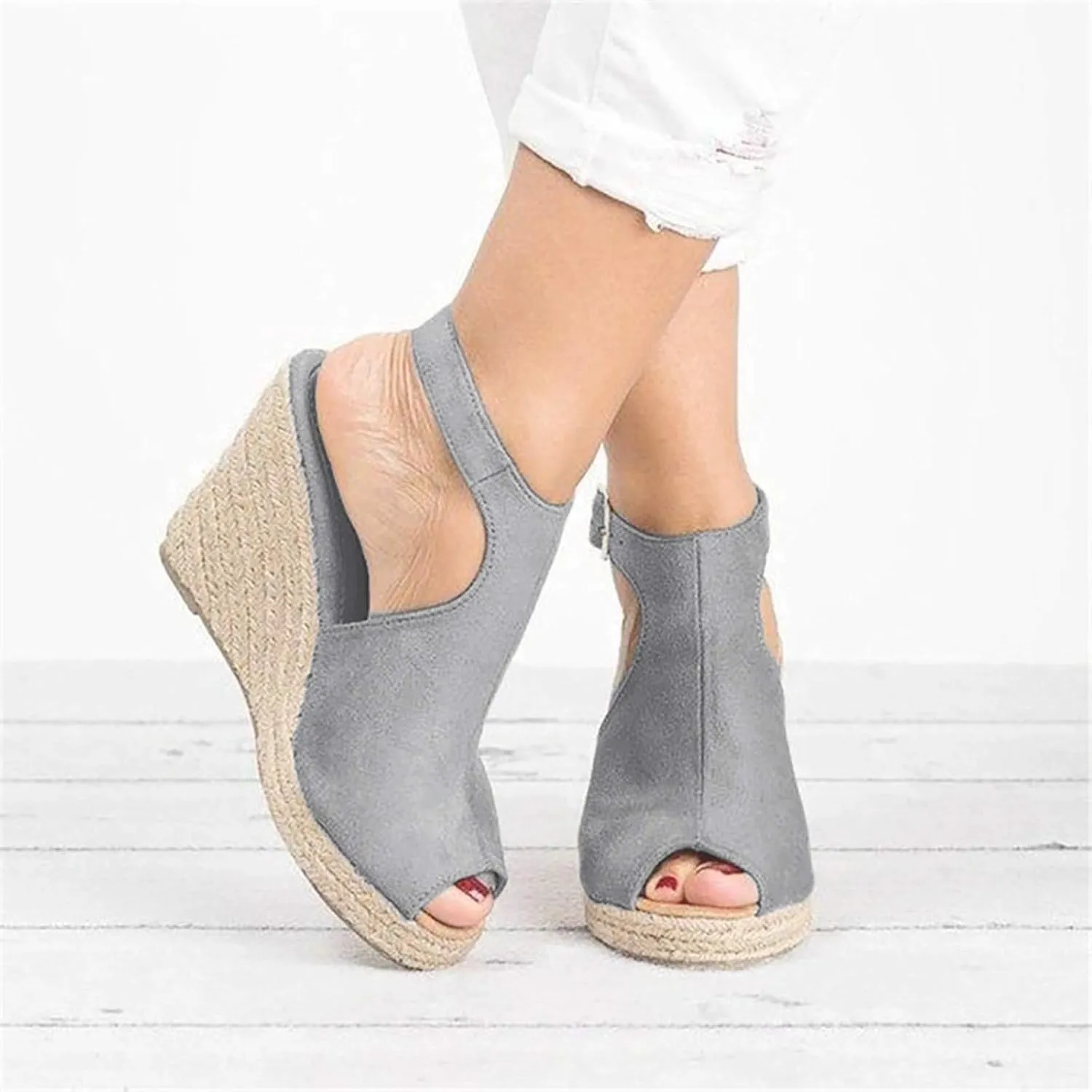 Eduavar Womens Sandals Summer Fashion Dressy Wedge Sandals Comfortable Open Toe Buckle Ankle Strap Platform Casual Shoes