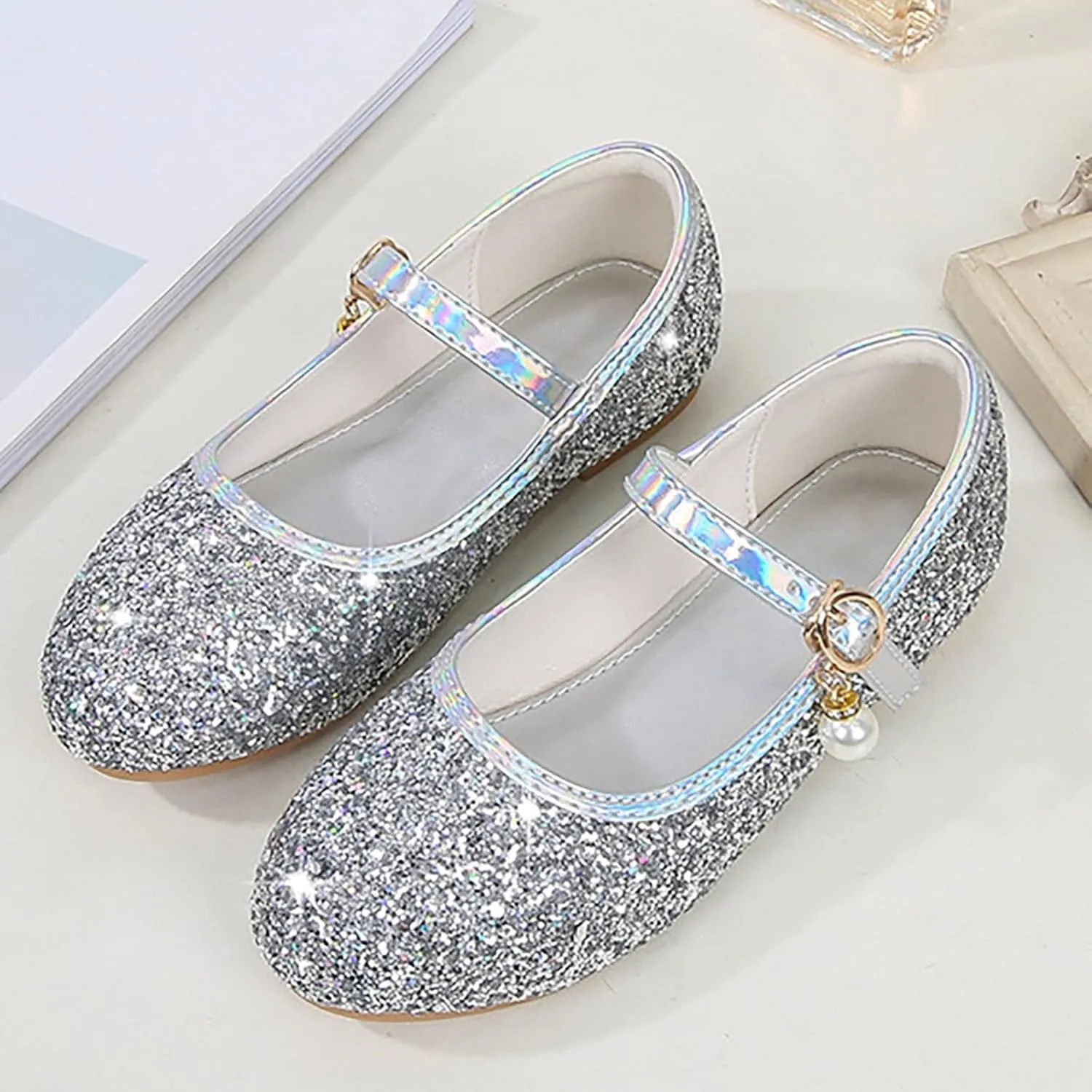 Flower Girls Dress Shoes Glitter Ballet Flat?? for Toddler Wedding Par??y School Fashion Buckle Mary Jane Shoes