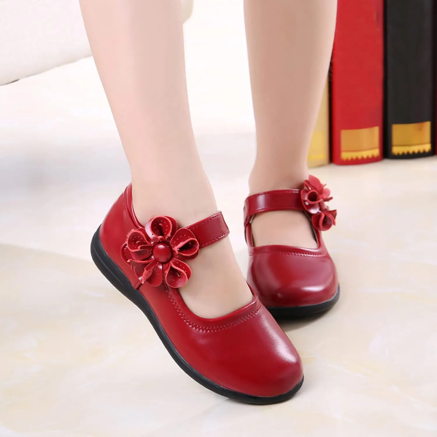 Girls Dress Flat Toddler Girls School Uniform Shoes Mary Jane Flower Ballet Faux Leather Flat for Wedding Part