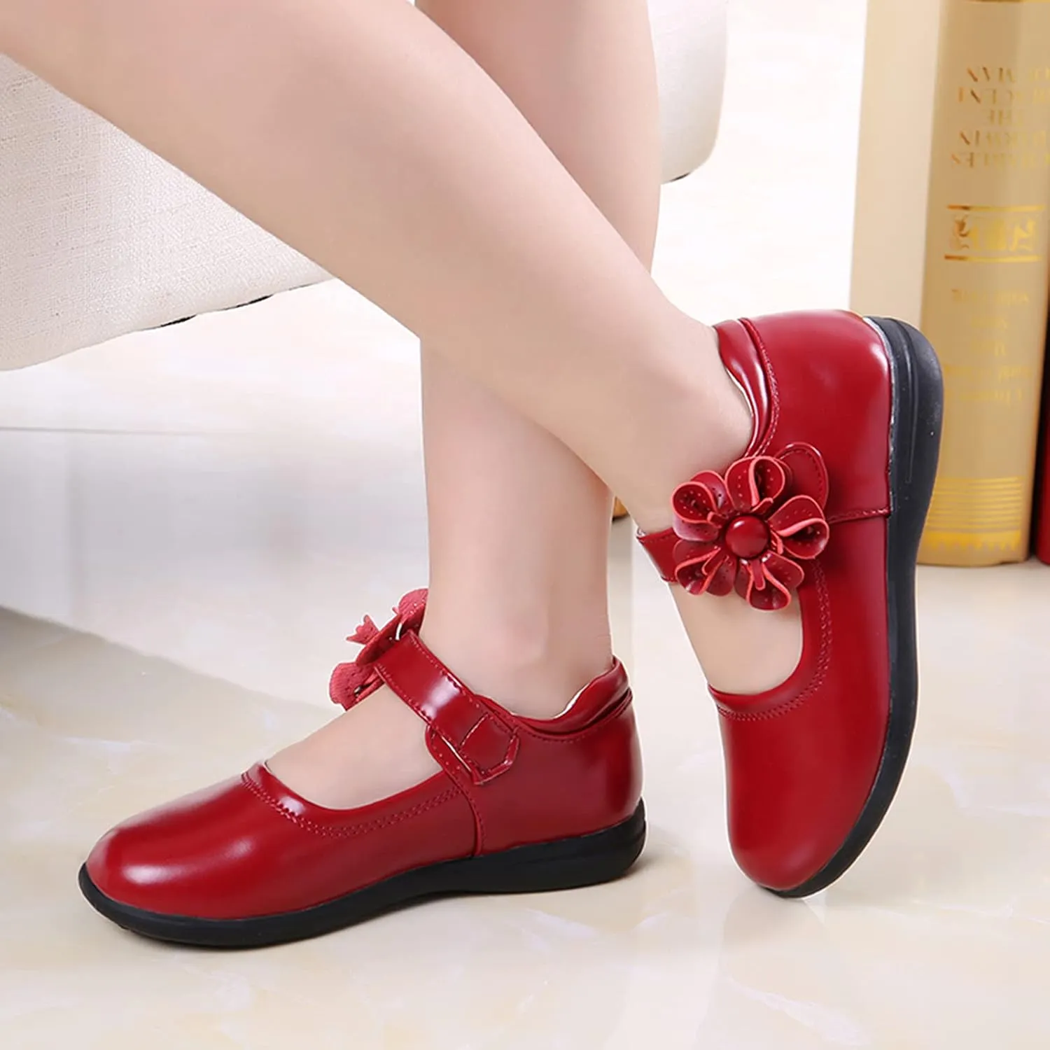 Girls Dress Flat Toddler Girls School Uniform Shoes Mary Jane Flower Ballet Faux Leather Flat for Wedding Part