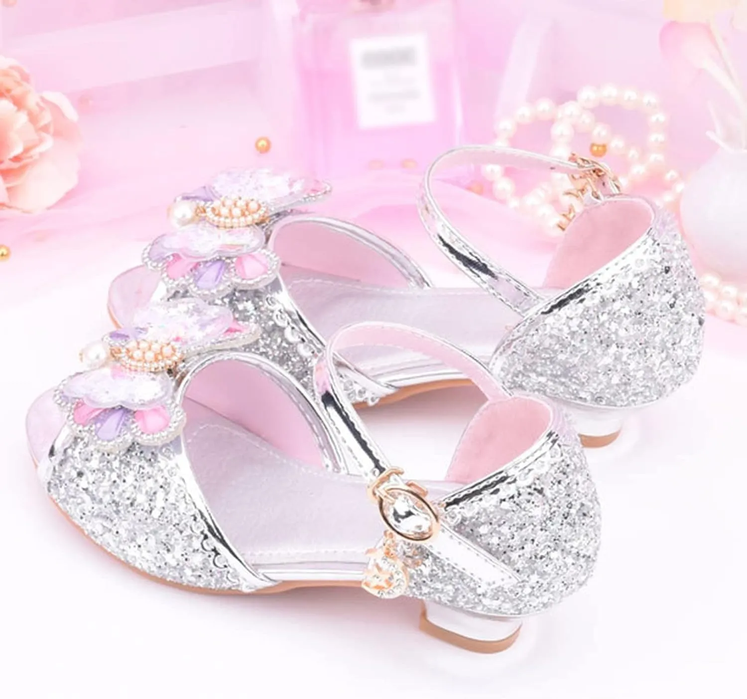 Girls Glitter Sandals Low Heels Shiny Dress Shoes with Bow Party Wedding Flower Girl Shoe Toddler Shoes