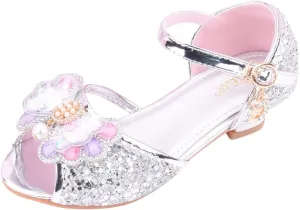 Girls Glitter Sandals Low Heels Shiny Dress Shoes with Bow Party Wedding Flower Girl Shoe Toddler Shoes