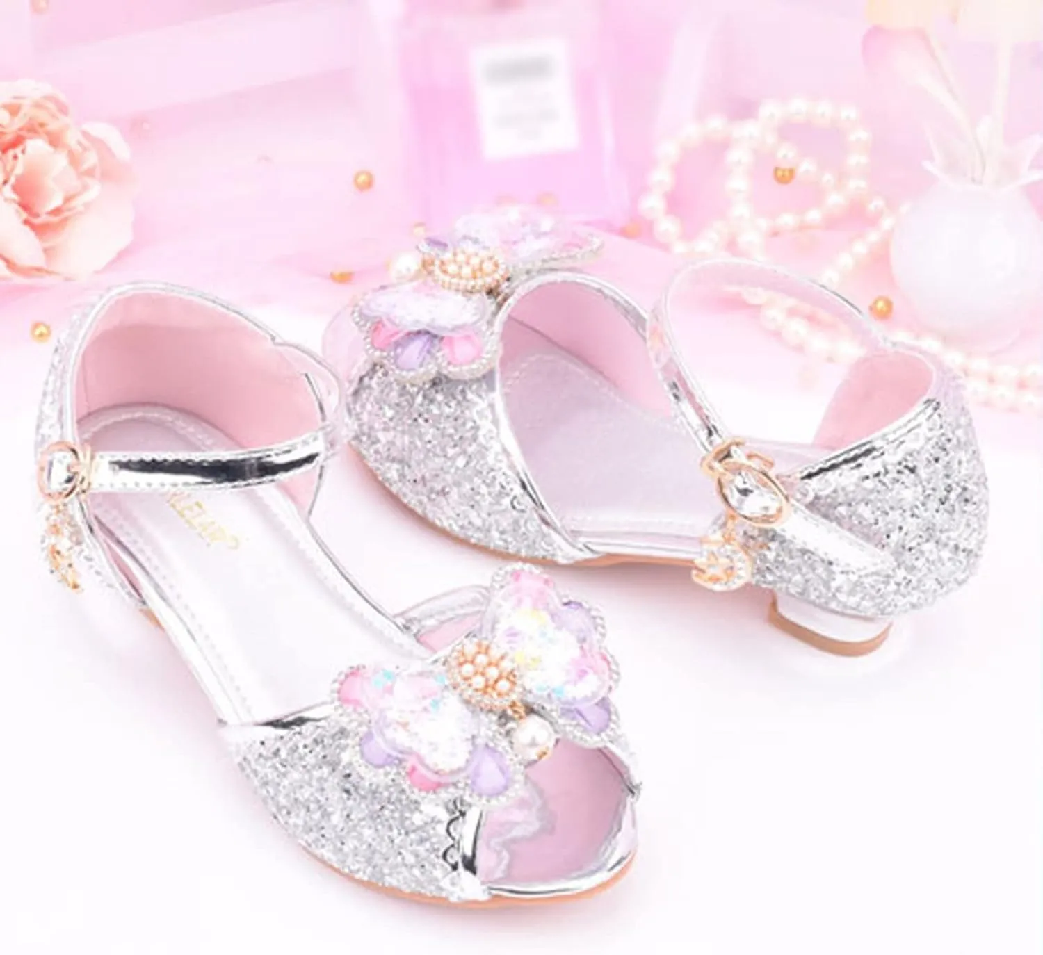 Girls Glitter Sandals Low Heels Shiny Dress Shoes with Bow Party Wedding Flower Girl Shoe Toddler Shoes