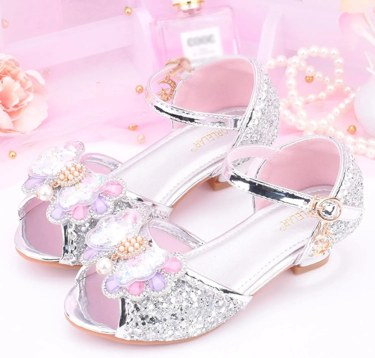 Girls Glitter Sandals Low Heels Shiny Dress Shoes with Bow Party Wedding Flower Girl Shoe Toddler Shoes