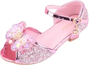 Girls High Heels Dress Flat Big Kids Flower Glitter Princess Sandals for Party Wedding Open Toe Mary Jane Shoes