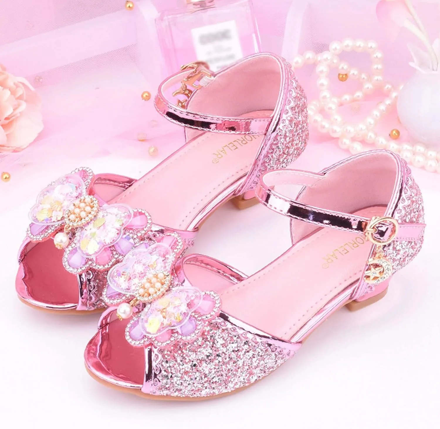 Girls High Heels Dress Flat Big Kids Flower Glitter Princess Sandals for Party Wedding Open Toe Mary Jane Shoes