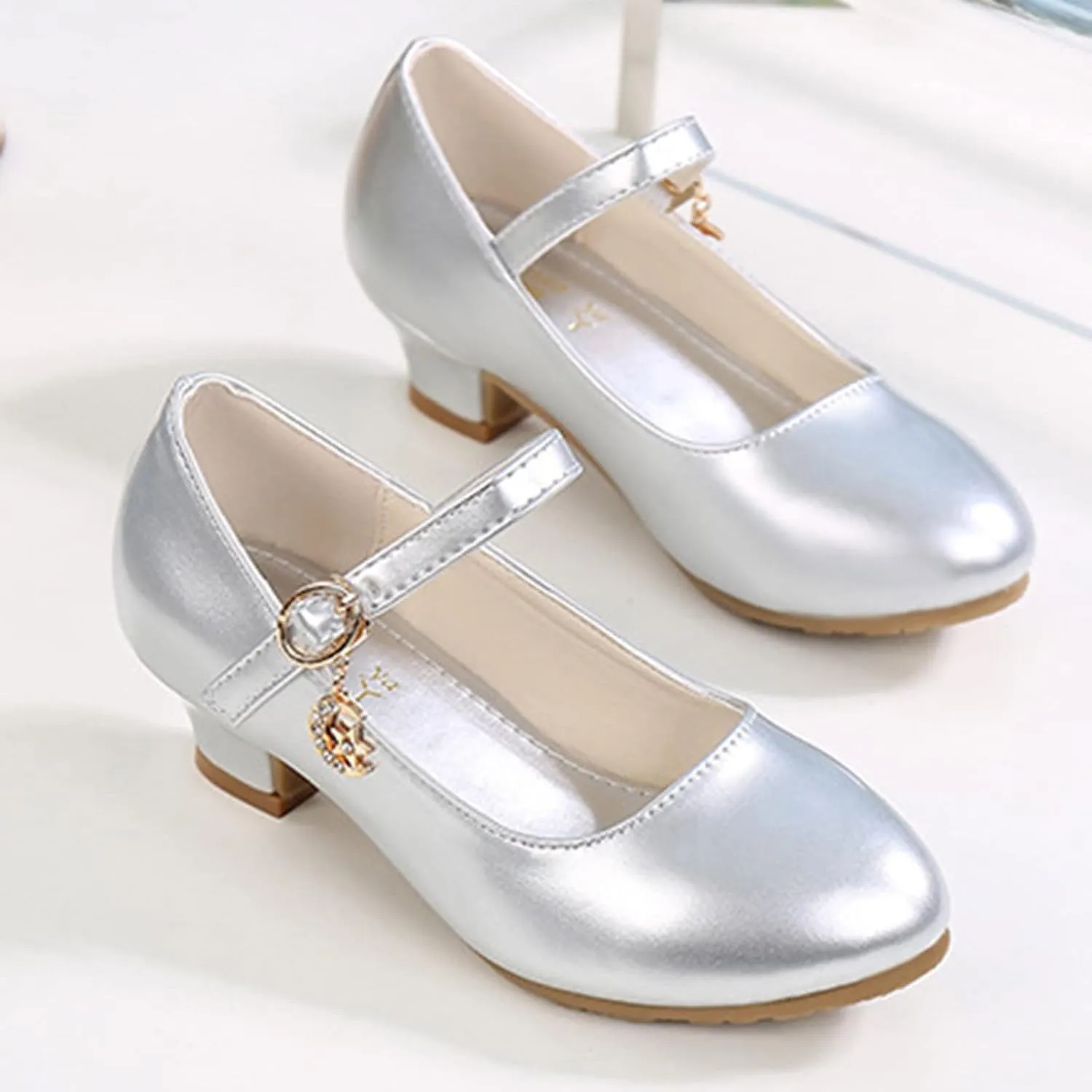 Girls Low Heels Dress Shoes with Ankle Strap Mary Jane Princess School Wedding Pary Pump Shoes for Toddler Kid
