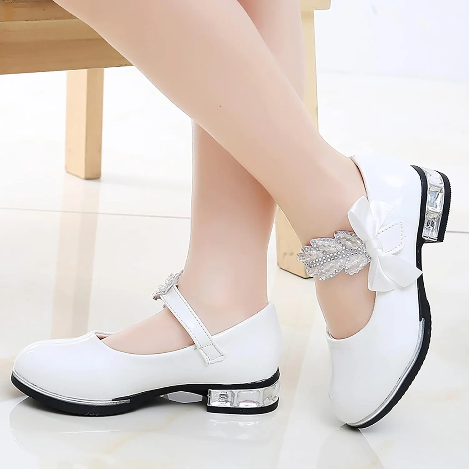 Girls Mary Jane Low Heel Princess Flower Wedding Party Pump Dress Shoes Soft PU Leather Bowknot School Shoes