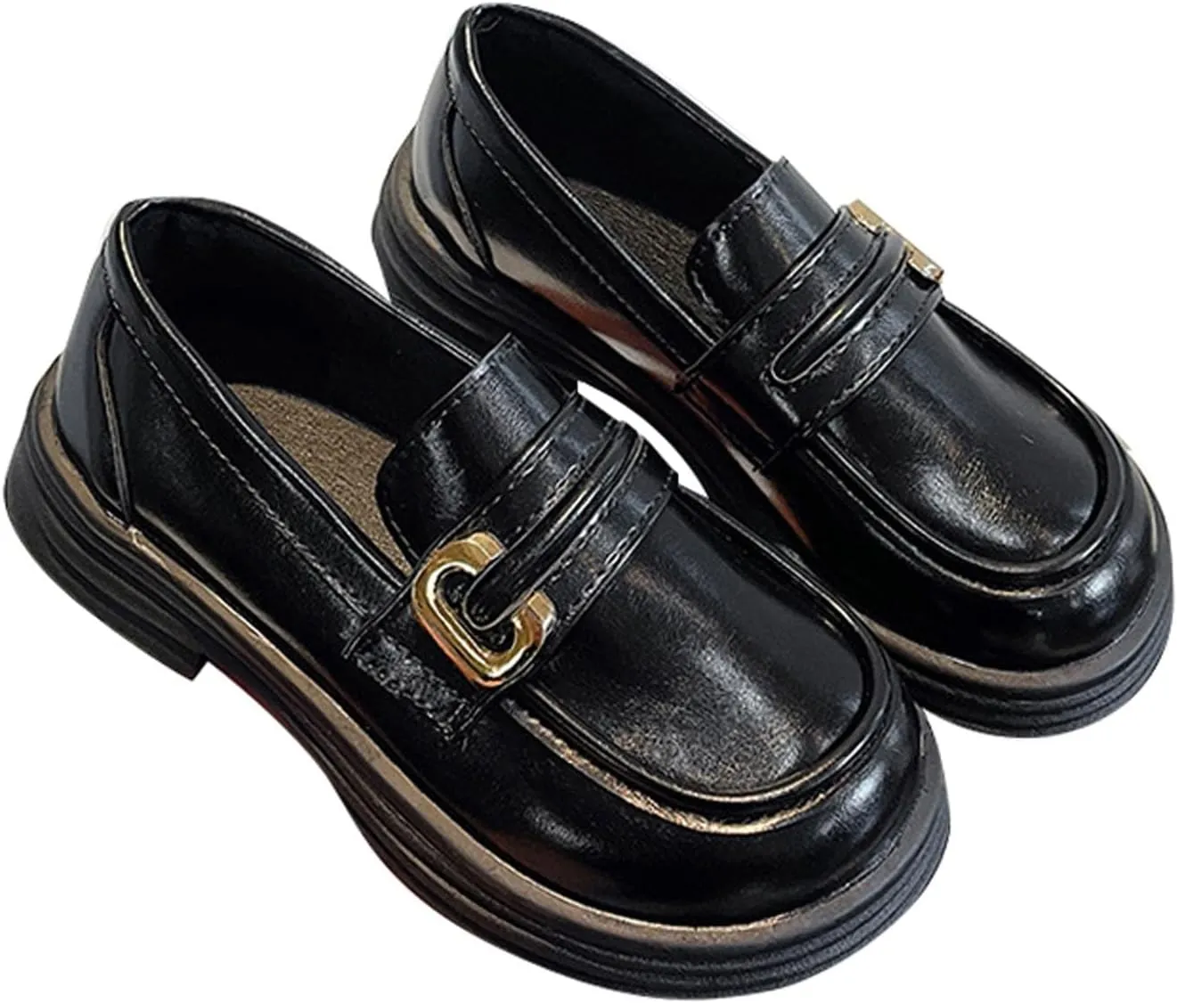 Girl's Platform Loafers Slip On Chunky Heel Leather Flat?? Round Toe School ??niform Dress Shoes with Metal Buckle