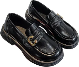 Girl's Platform Loafers Slip On Chunky Heel Leather Flat?? Round Toe School ??niform Dress Shoes with Metal Buckle