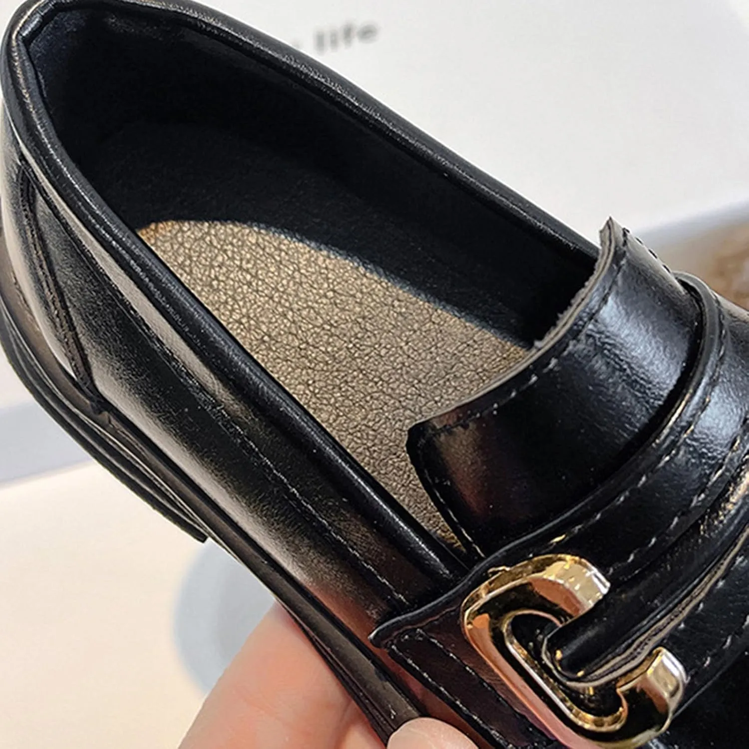 Girl's Platform Loafers Slip On Chunky Heel Leather Flat?? Round Toe School ??niform Dress Shoes with Metal Buckle
