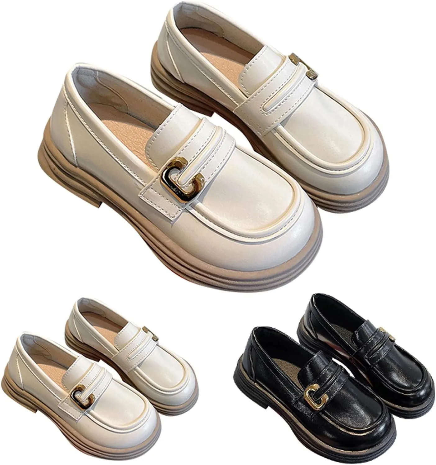 Girl's Platform Loafers Slip On Chunky Heel Leather Flat?? Round Toe School ??niform Dress Shoes with Metal Buckle