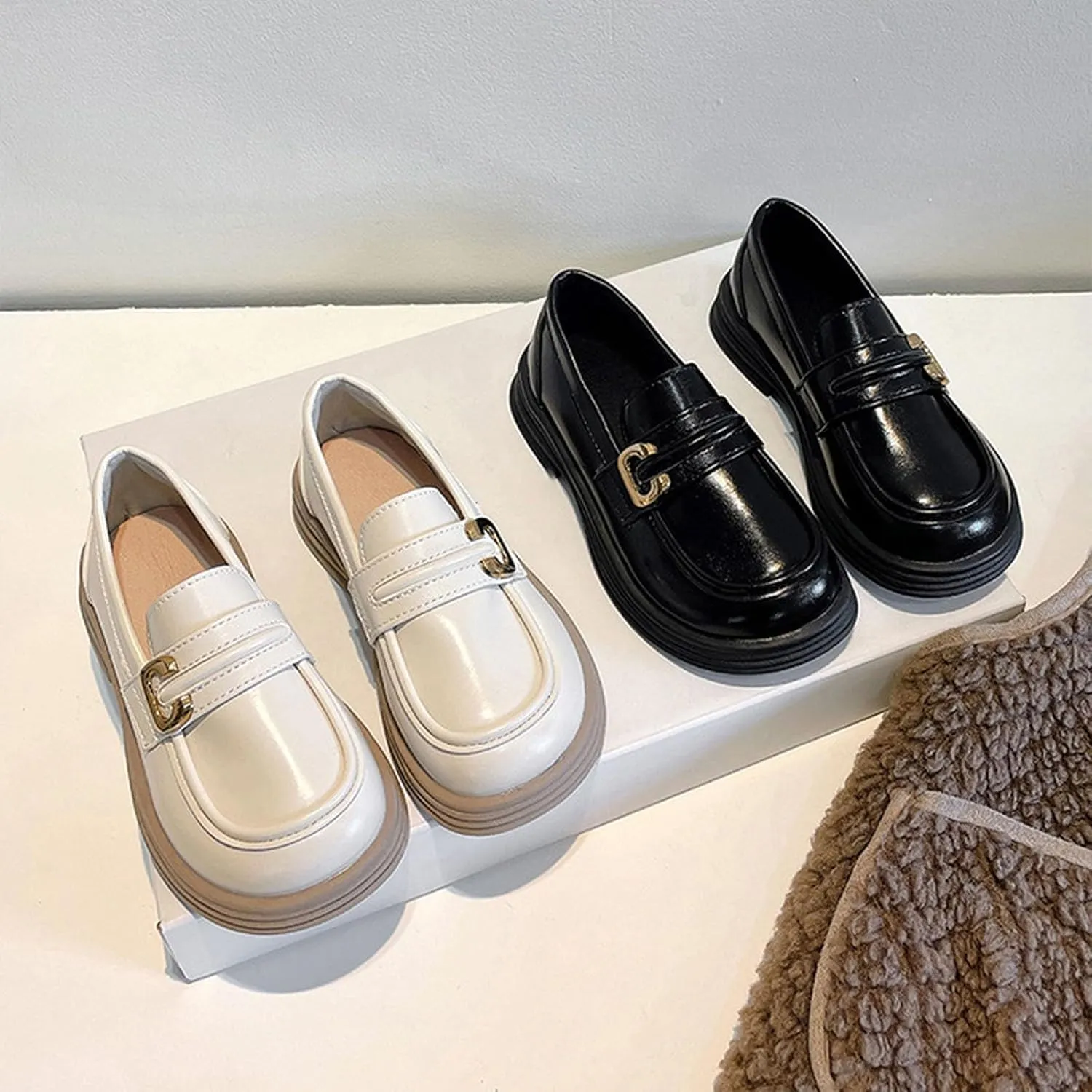 Girl's Platform Loafers Slip On Chunky Heel Leather Flat?? Round Toe School ??niform Dress Shoes with Metal Buckle