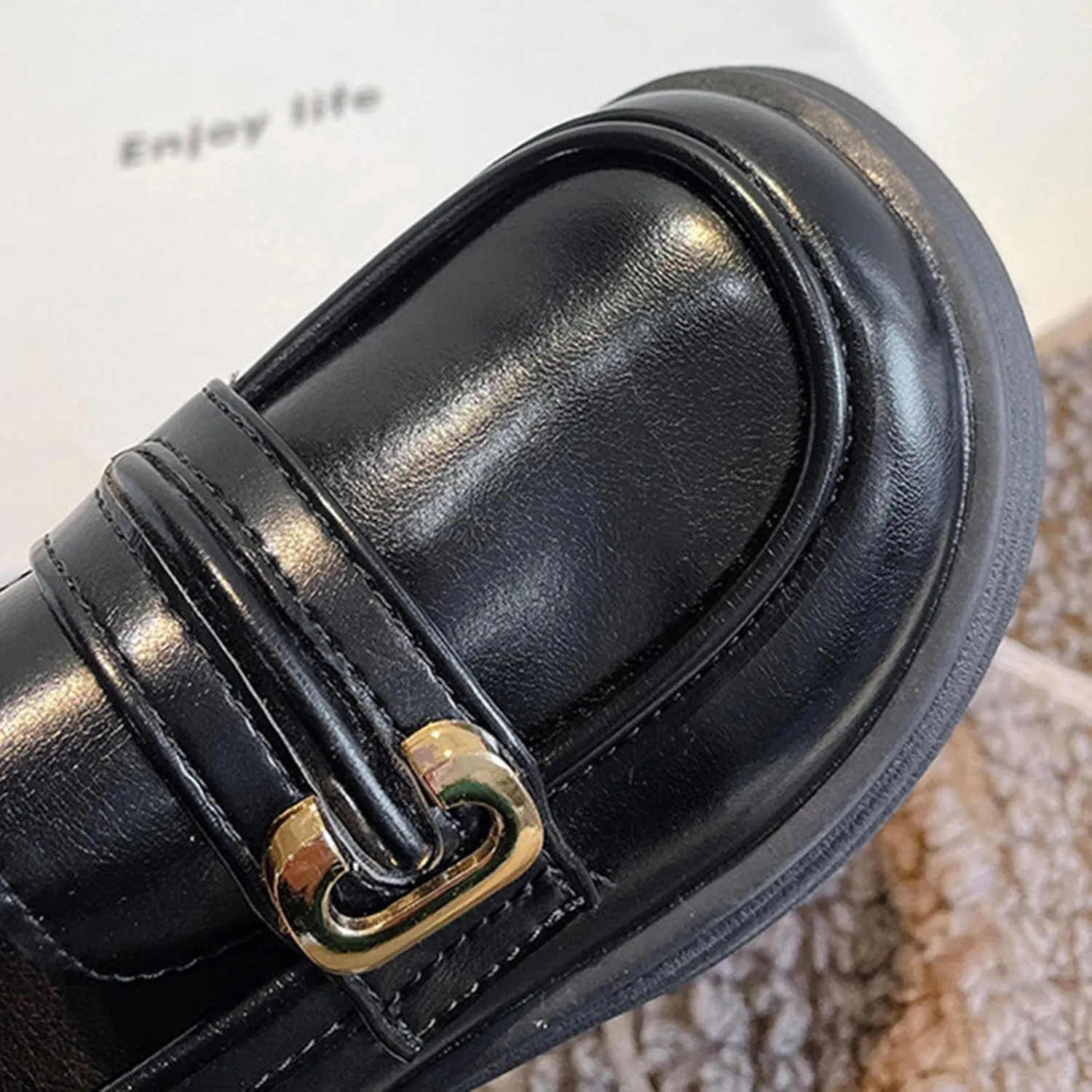 Girl's Platform Loafers Slip On Chunky Heel Leather Flat?? Round Toe School ??niform Dress Shoes with Metal Buckle