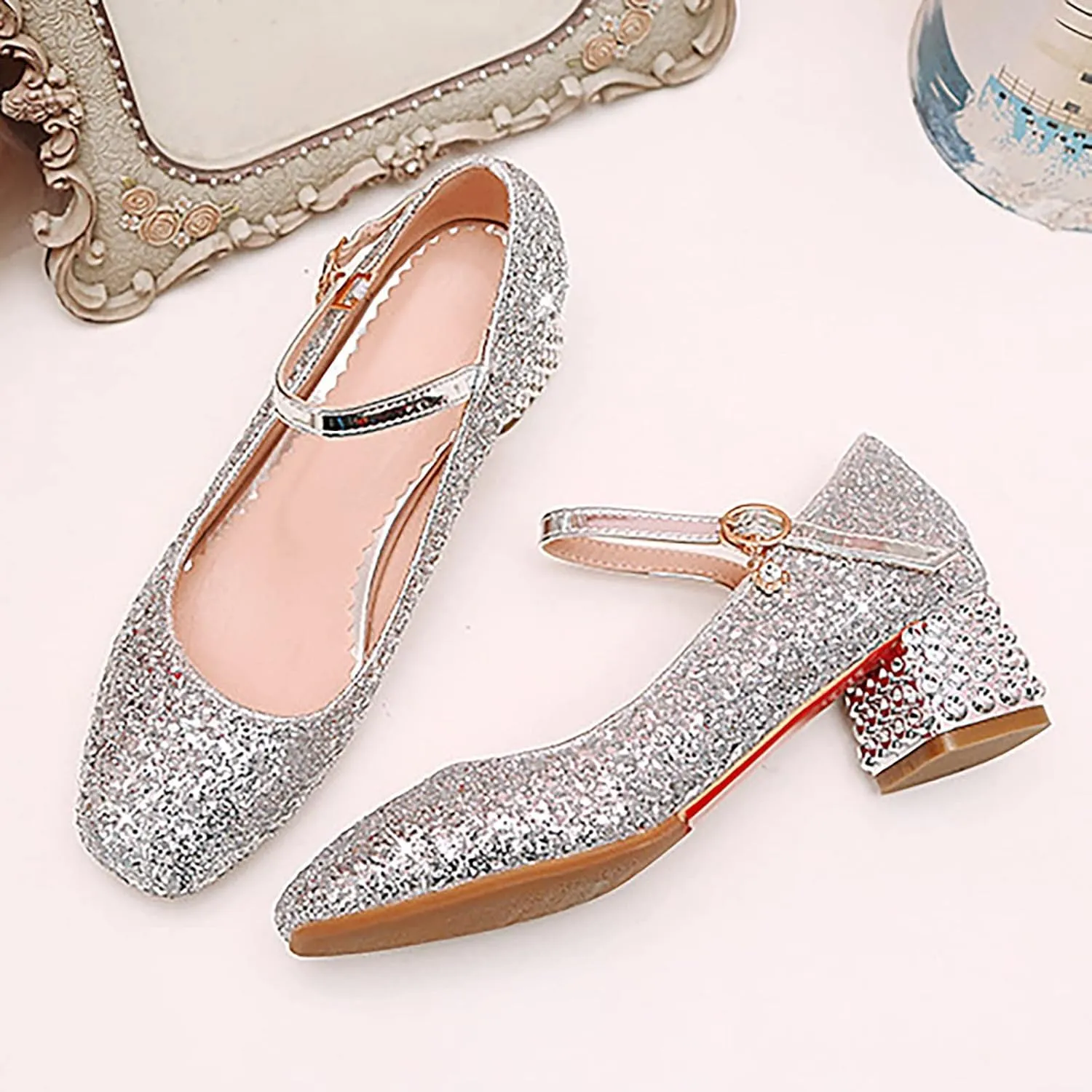 Girls Sparkly Mary Jane Low Heel Dress Shoes Bridesmaids Princess Glitter Shiny Closed Toe Wedding Pary Shoes