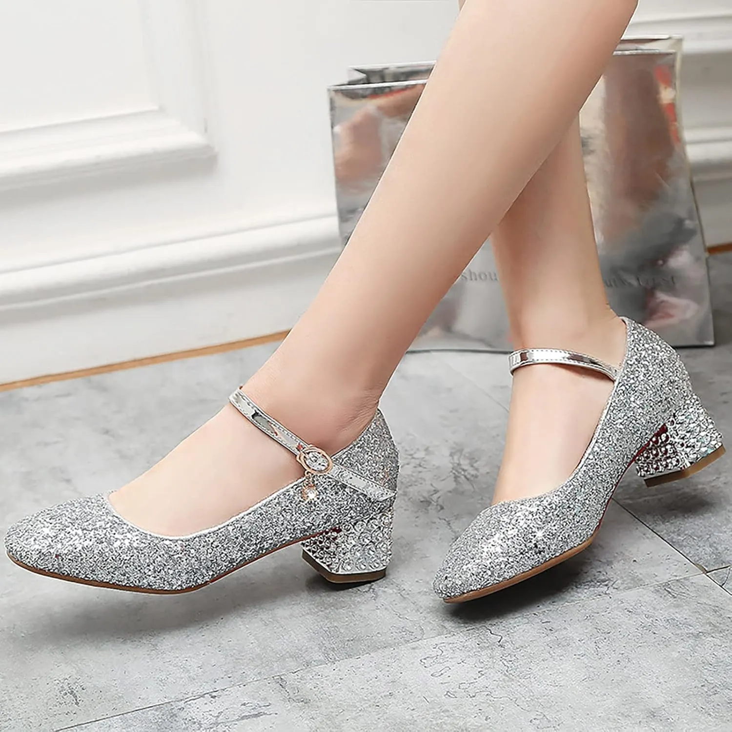Girls Sparkly Mary Jane Low Heel Dress Shoes Bridesmaids Princess Glitter Shiny Closed Toe Wedding Pary Shoes