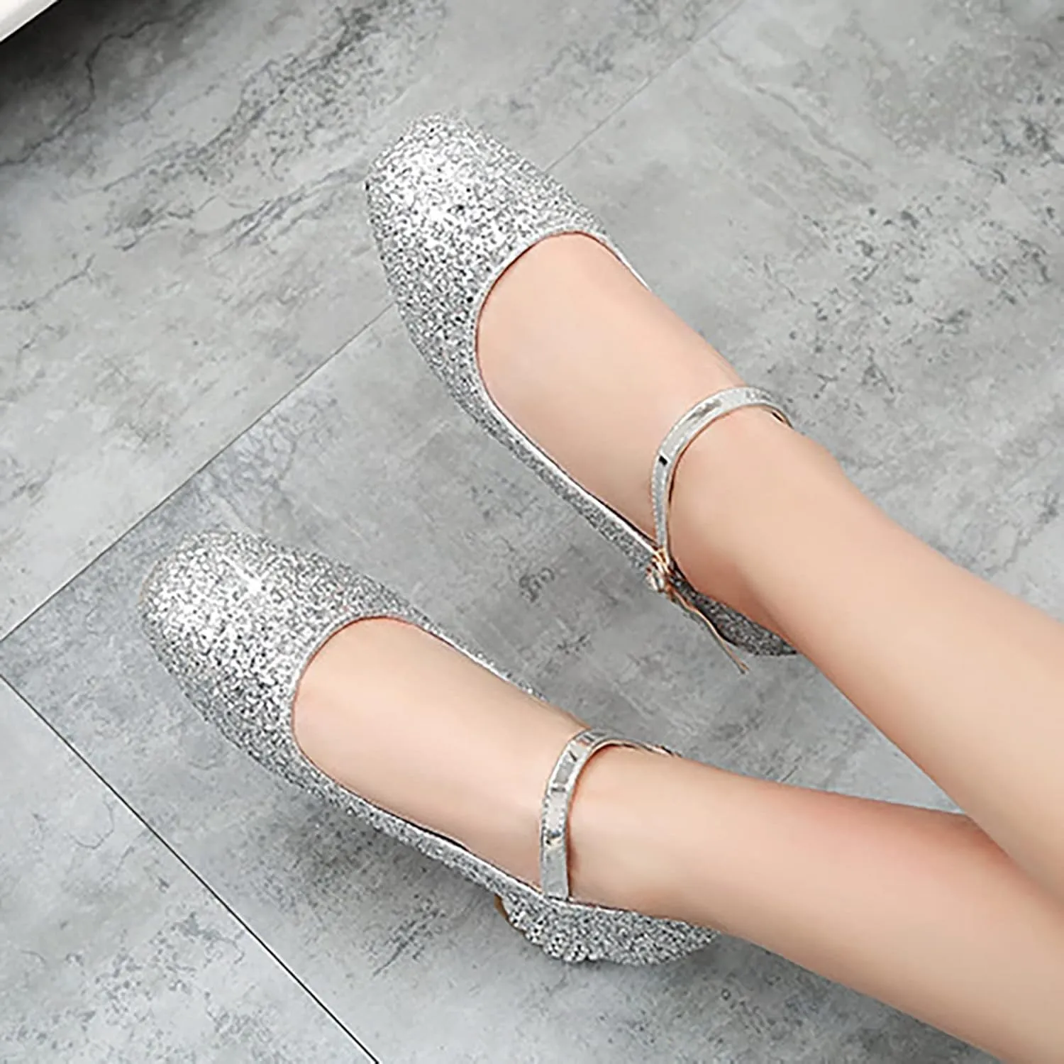 Girls Sparkly Mary Jane Low Heel Dress Shoes Bridesmaids Princess Glitter Shiny Closed Toe Wedding Pary Shoes